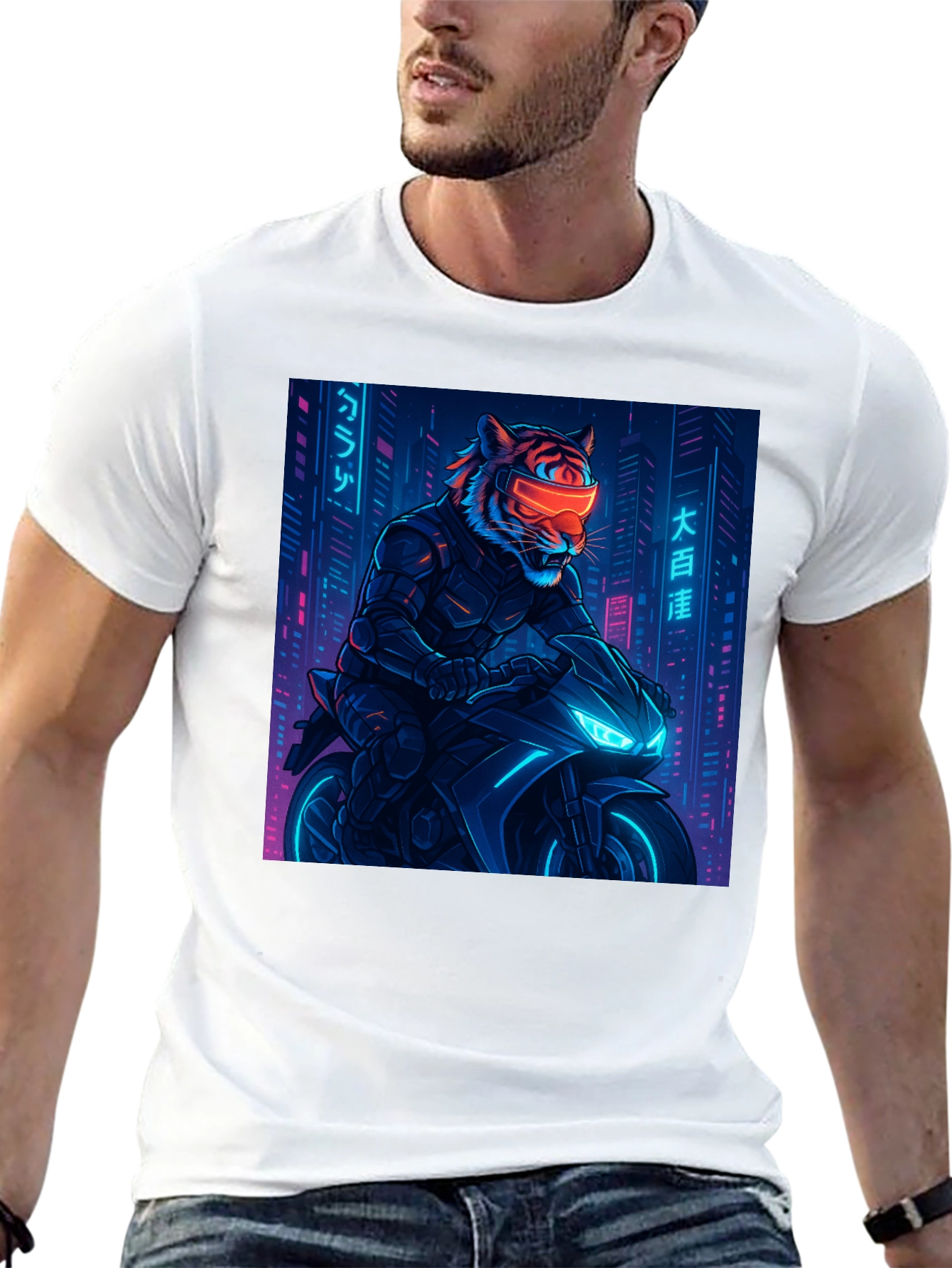 Cyberpunk Tiger Rider Graphic Tee - Black