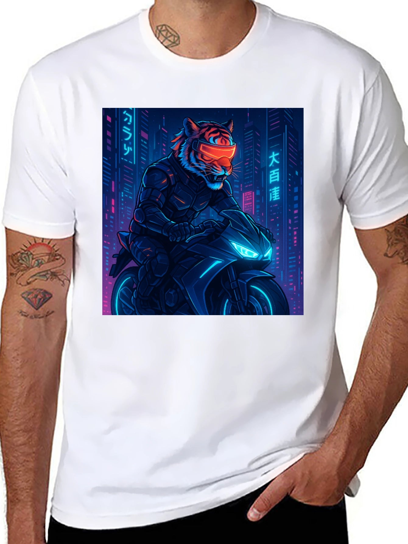 Cyberpunk Tiger Rider Graphic Tee - Black