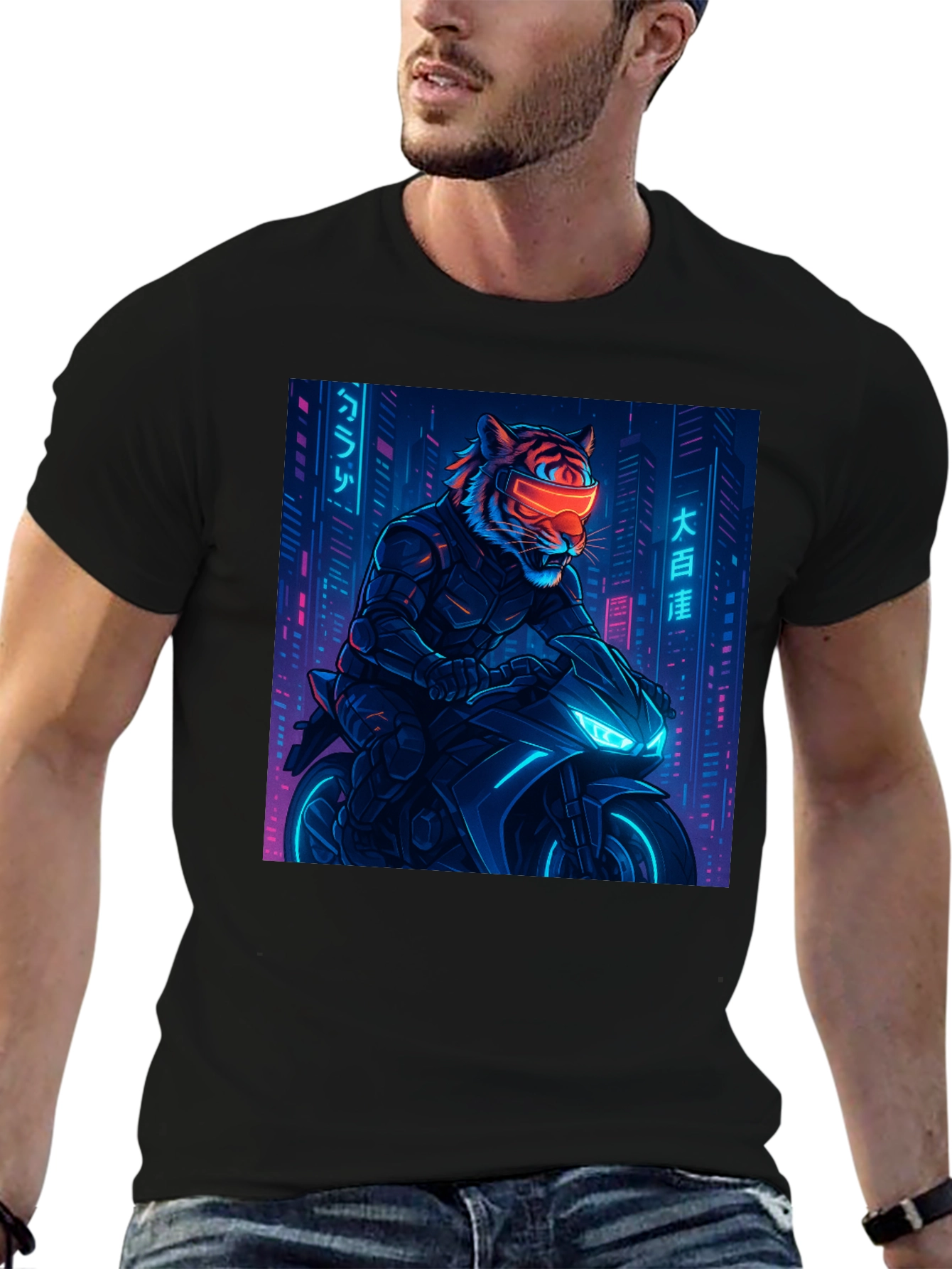 Cyberpunk Tiger Rider Graphic Tee - Black