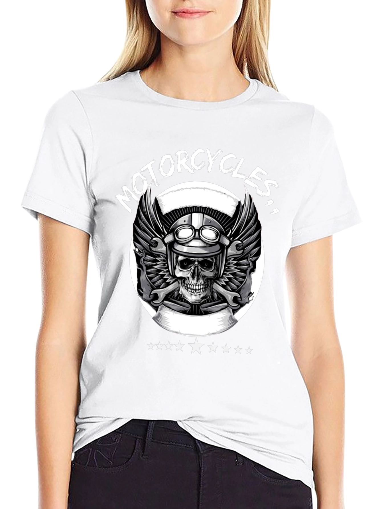 Motorcycle Skull Graphic Tee - Black Biker T-Shirt