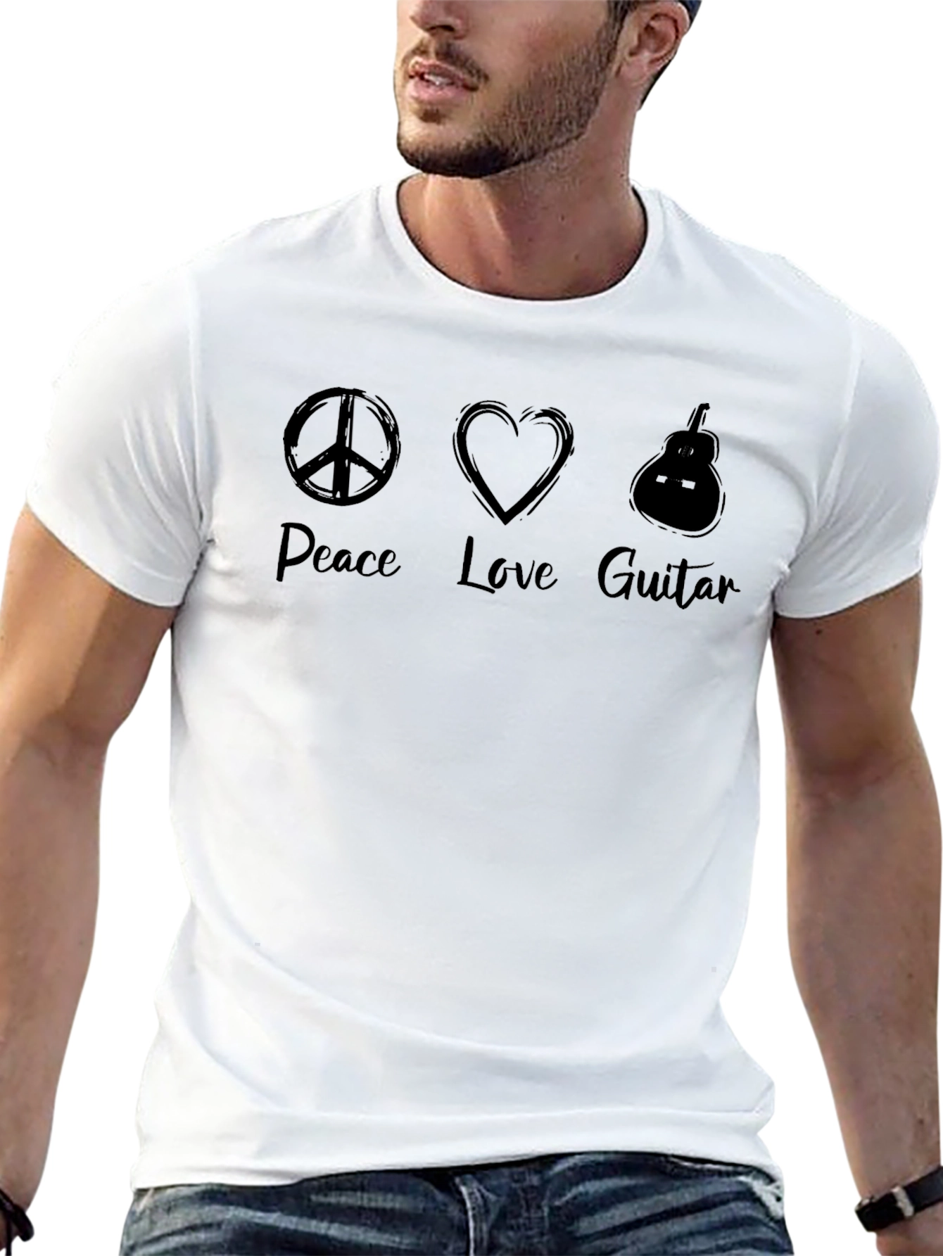 Peace Love Guitar Mens Black Graphic Tee