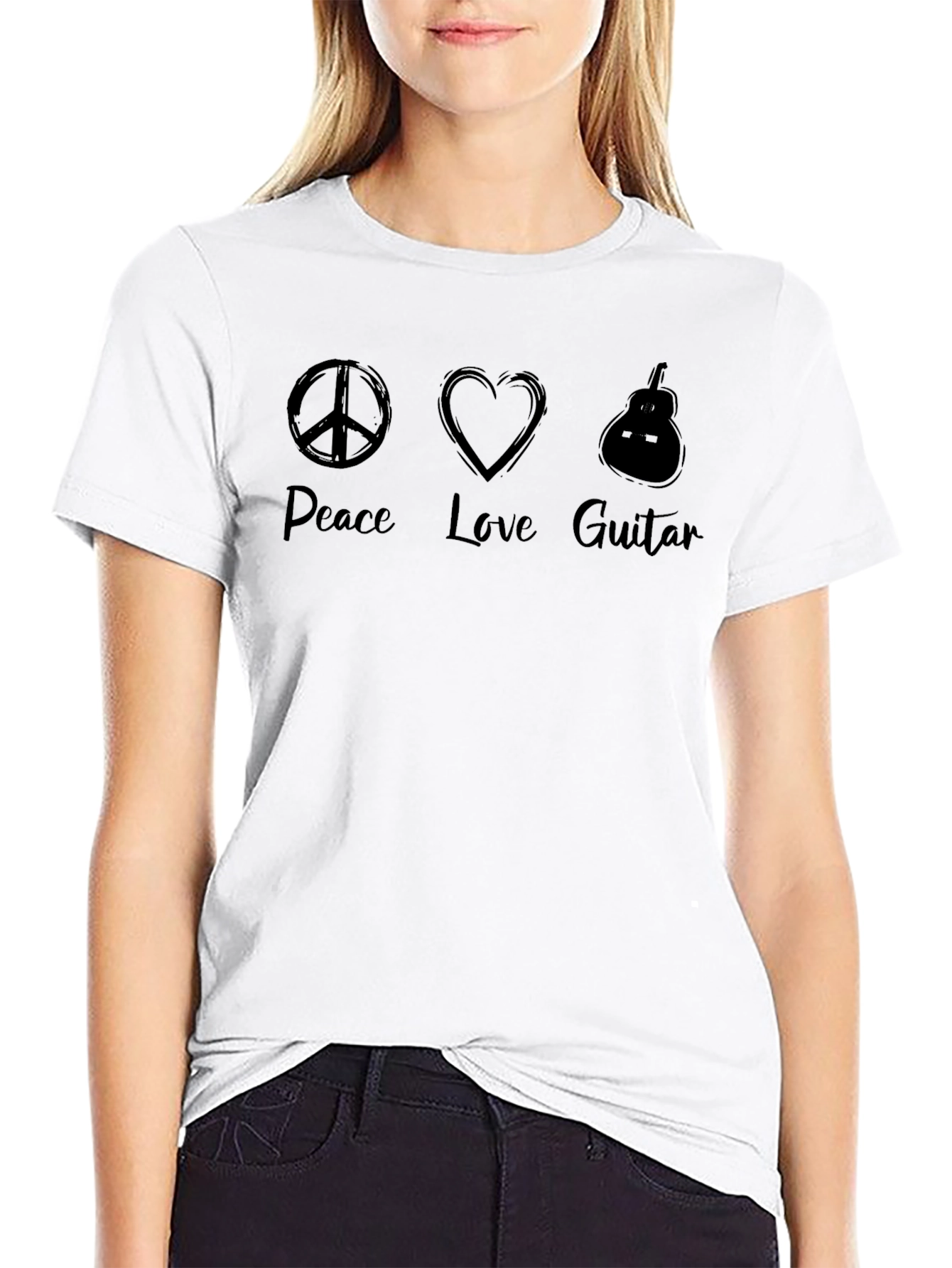 Peace Love Guitar Mens Black Graphic Tee