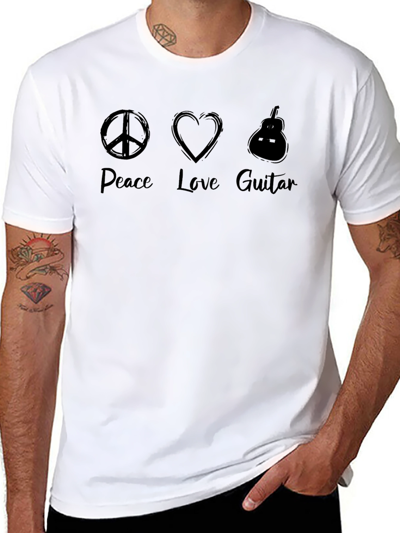 Peace Love Guitar Mens Black Graphic Tee