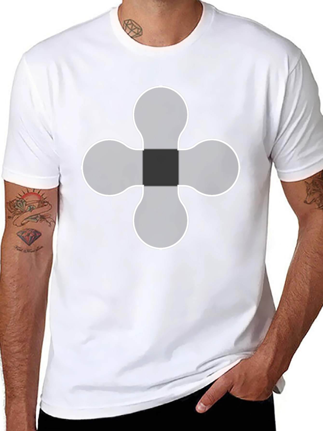 Black T-Shirt with White Four-Leaf Clover Design