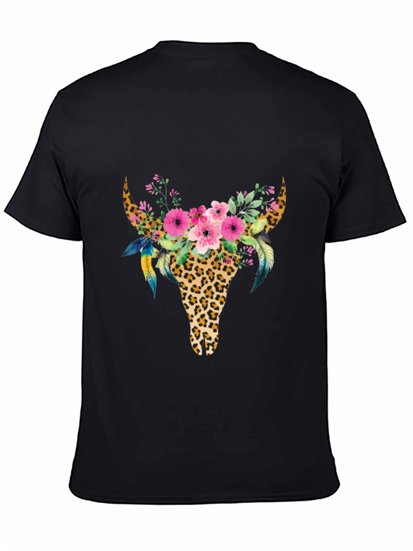 Boho Leopard Bull Skull Floral Graphic Tee