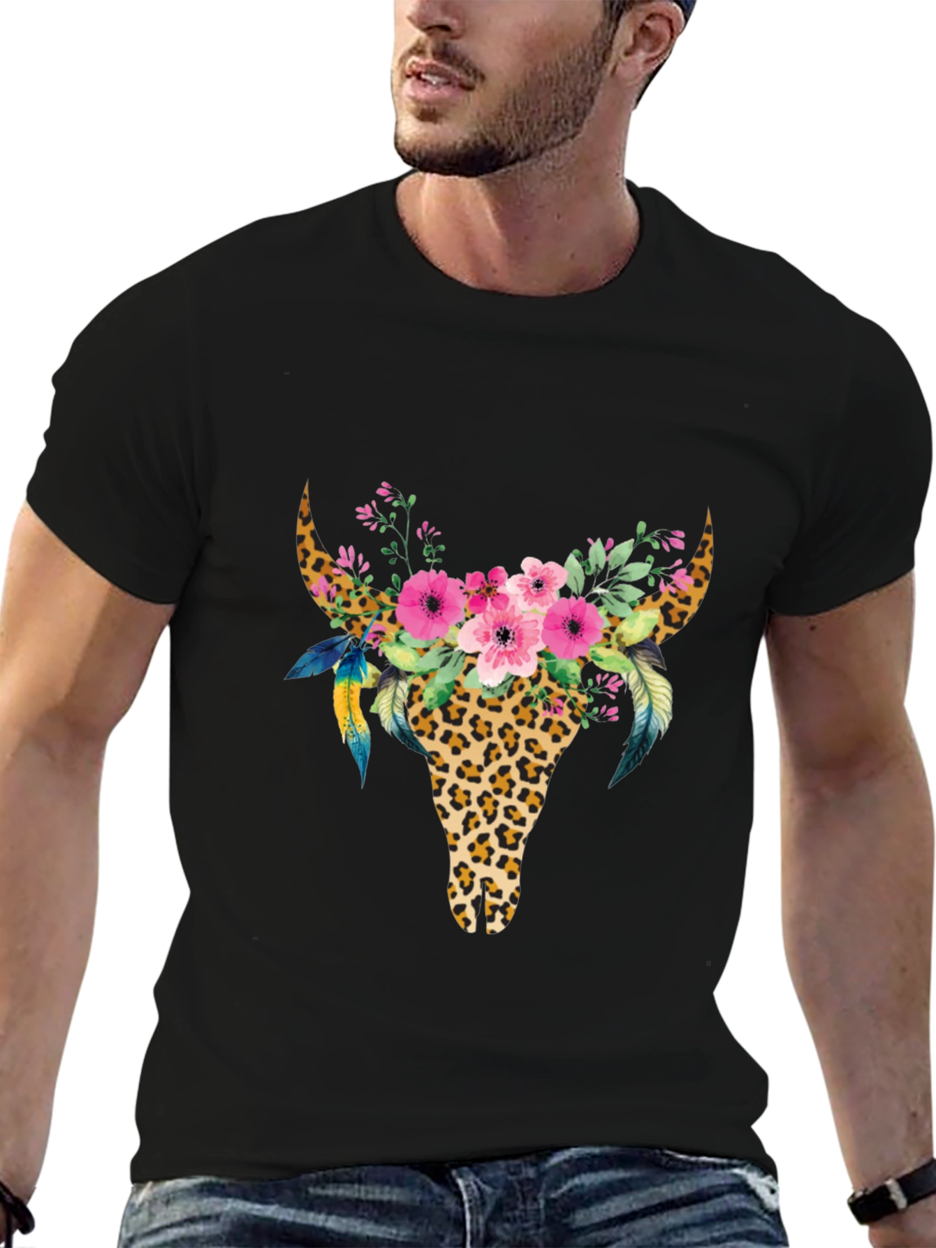 Boho Leopard Bull Skull Floral Graphic Tee