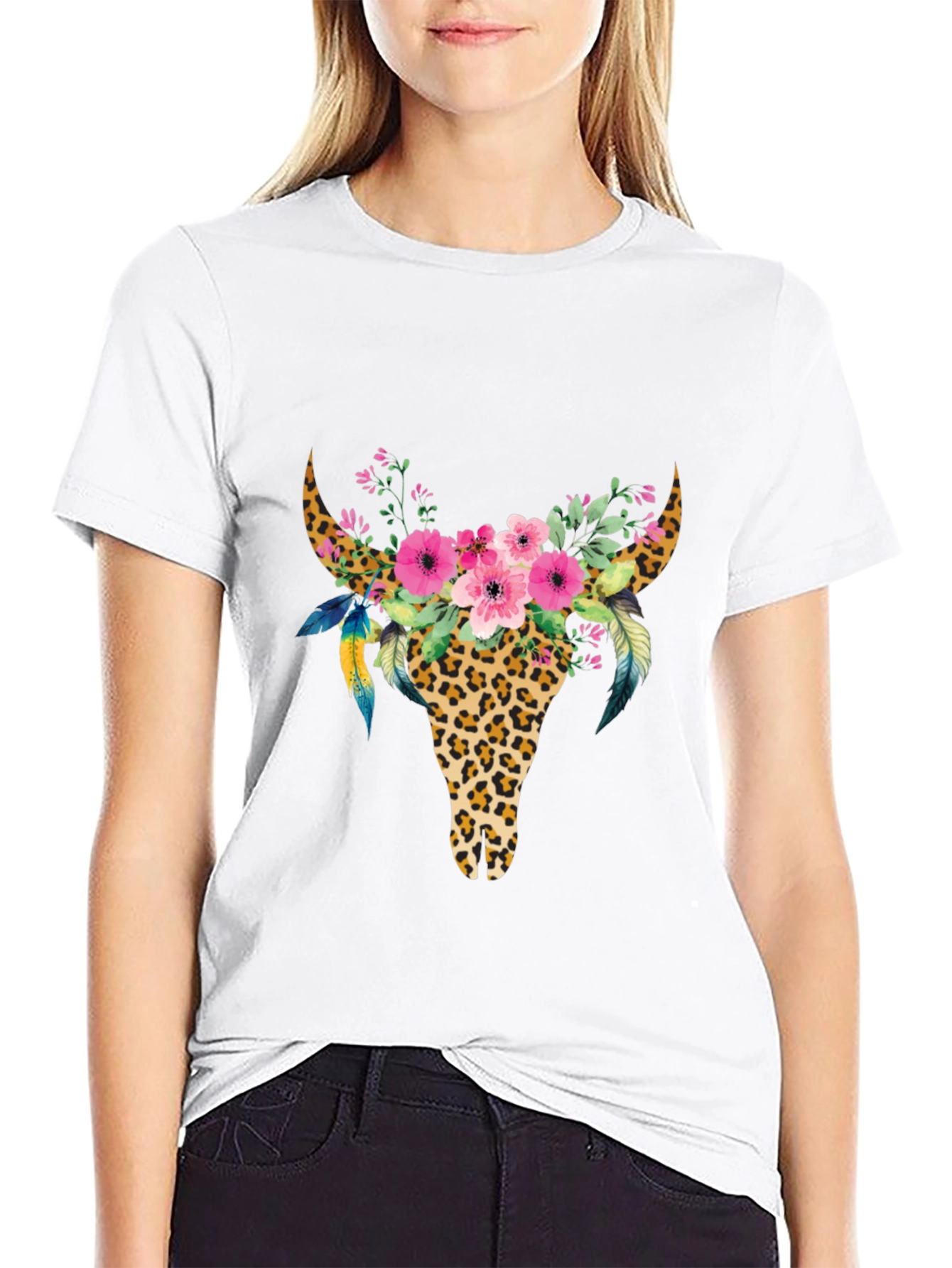 Boho Leopard Bull Skull Floral Graphic Tee