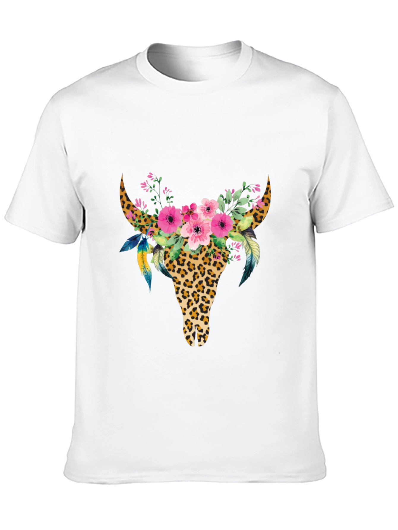 Boho Leopard Bull Skull Floral Graphic Tee