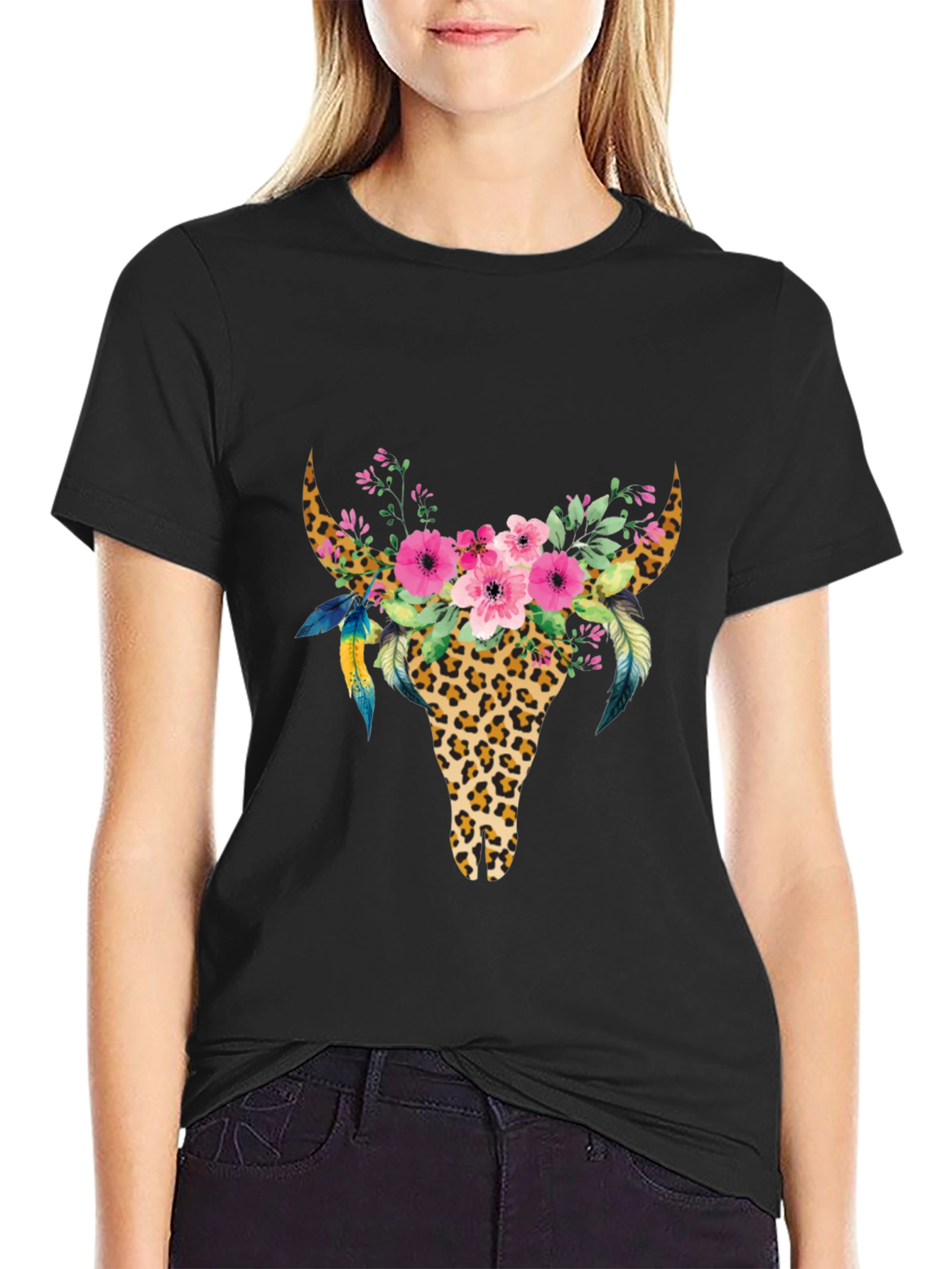 Boho Leopard Bull Skull Floral Graphic Tee