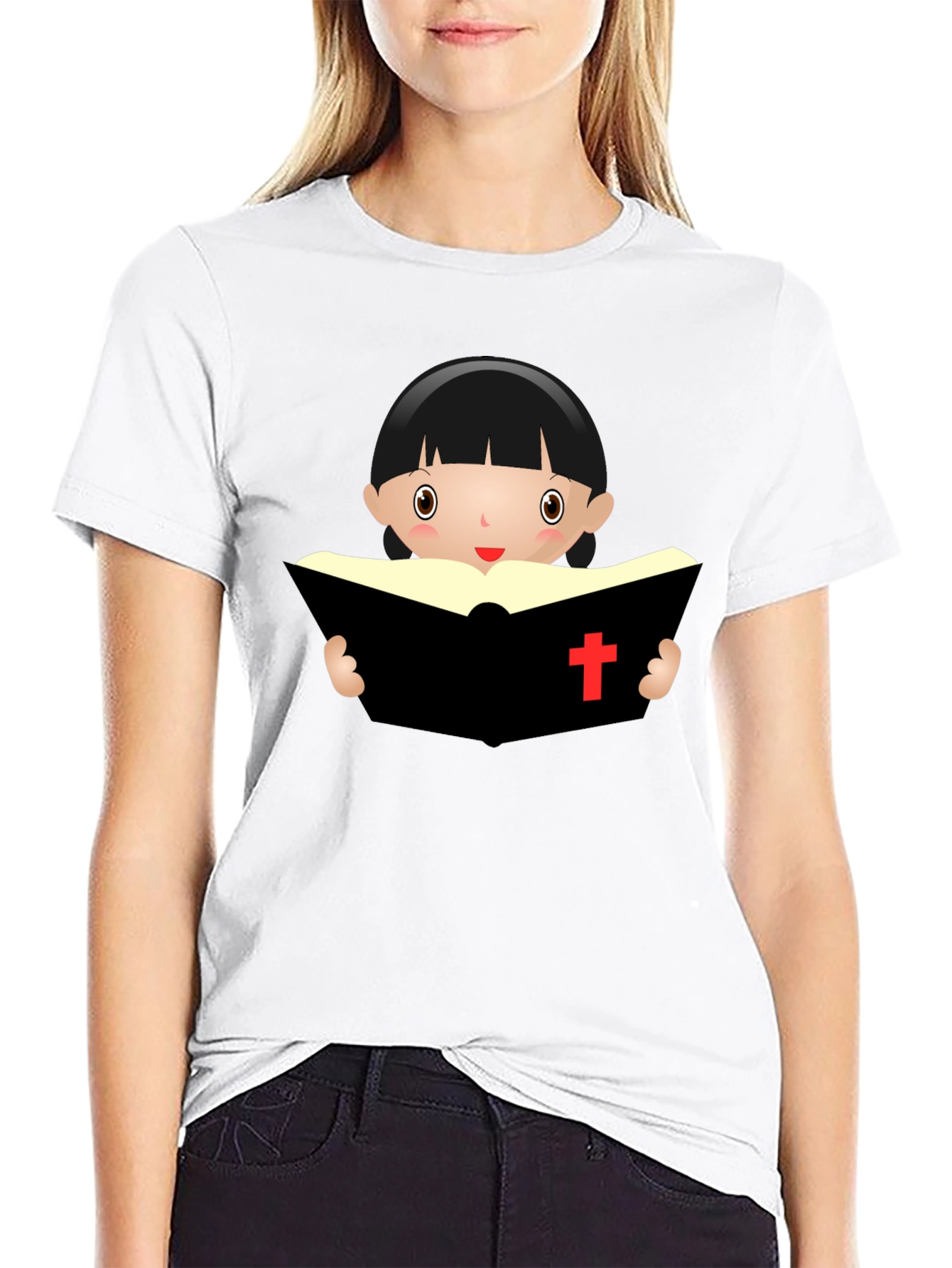 Cartoon Girl Reading Book - Black T-Shirt