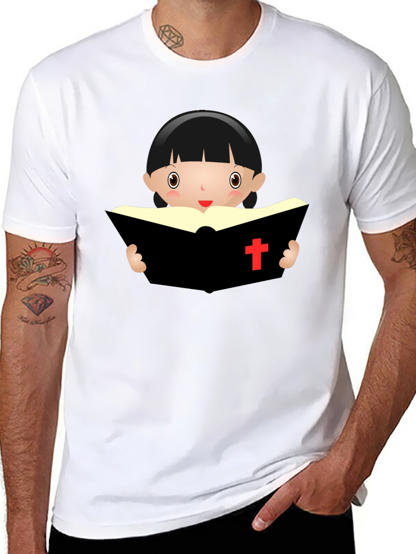 Cartoon Girl Reading Book - Black T-Shirt