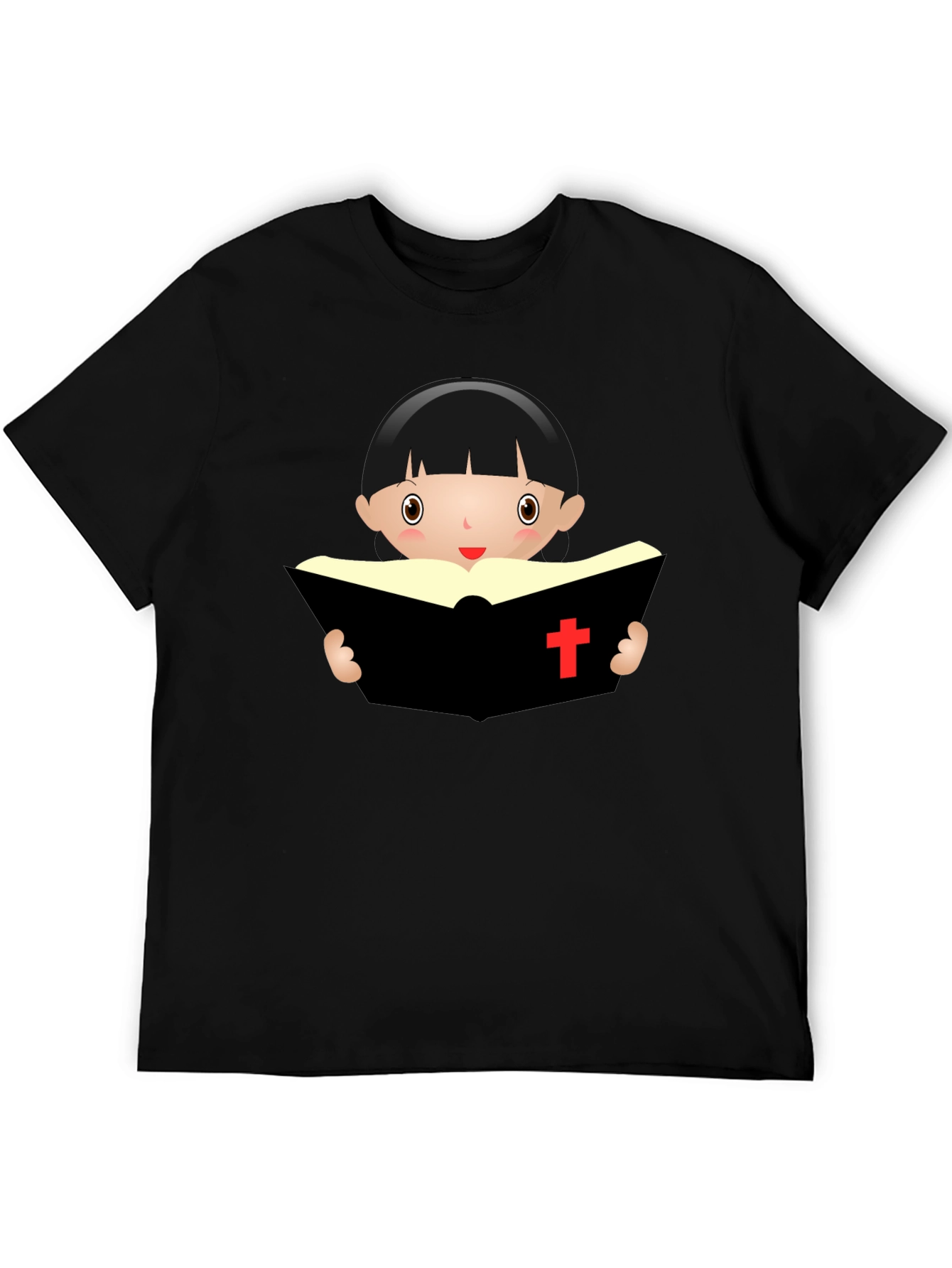 Cartoon Girl Reading Book - Black T-Shirt