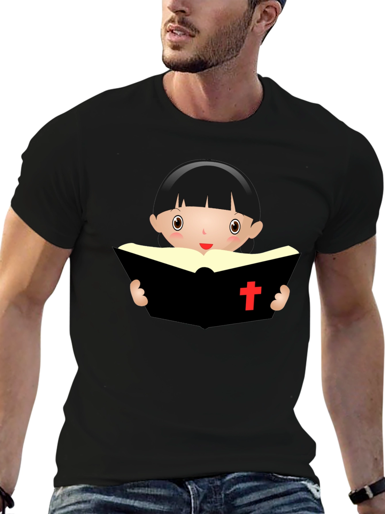 Cartoon Girl Reading Book - Black T-Shirt