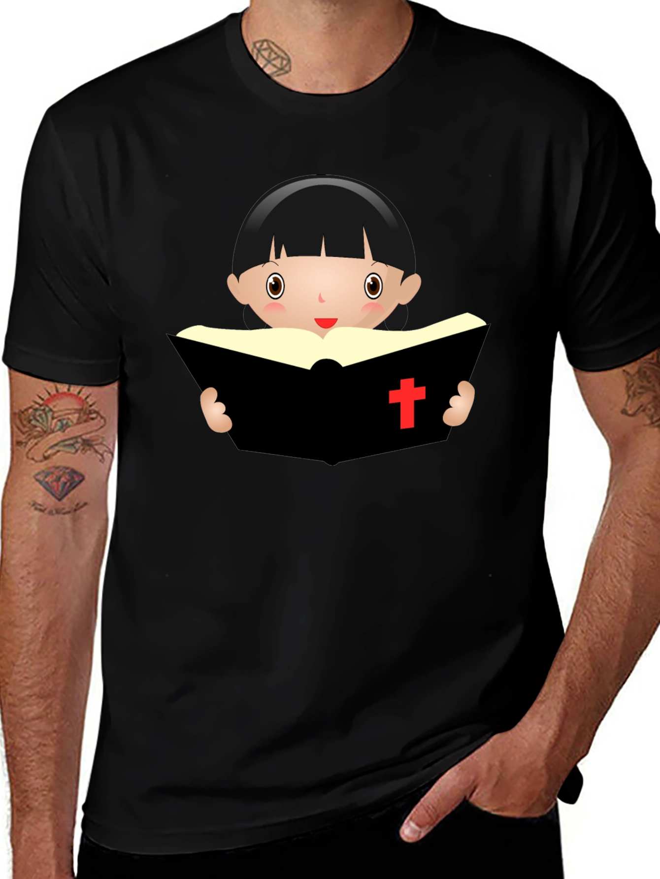 Cartoon Girl Reading Book - Black T-Shirt