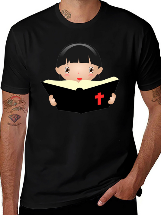 Cartoon Girl Reading Book - Black T-Shirt