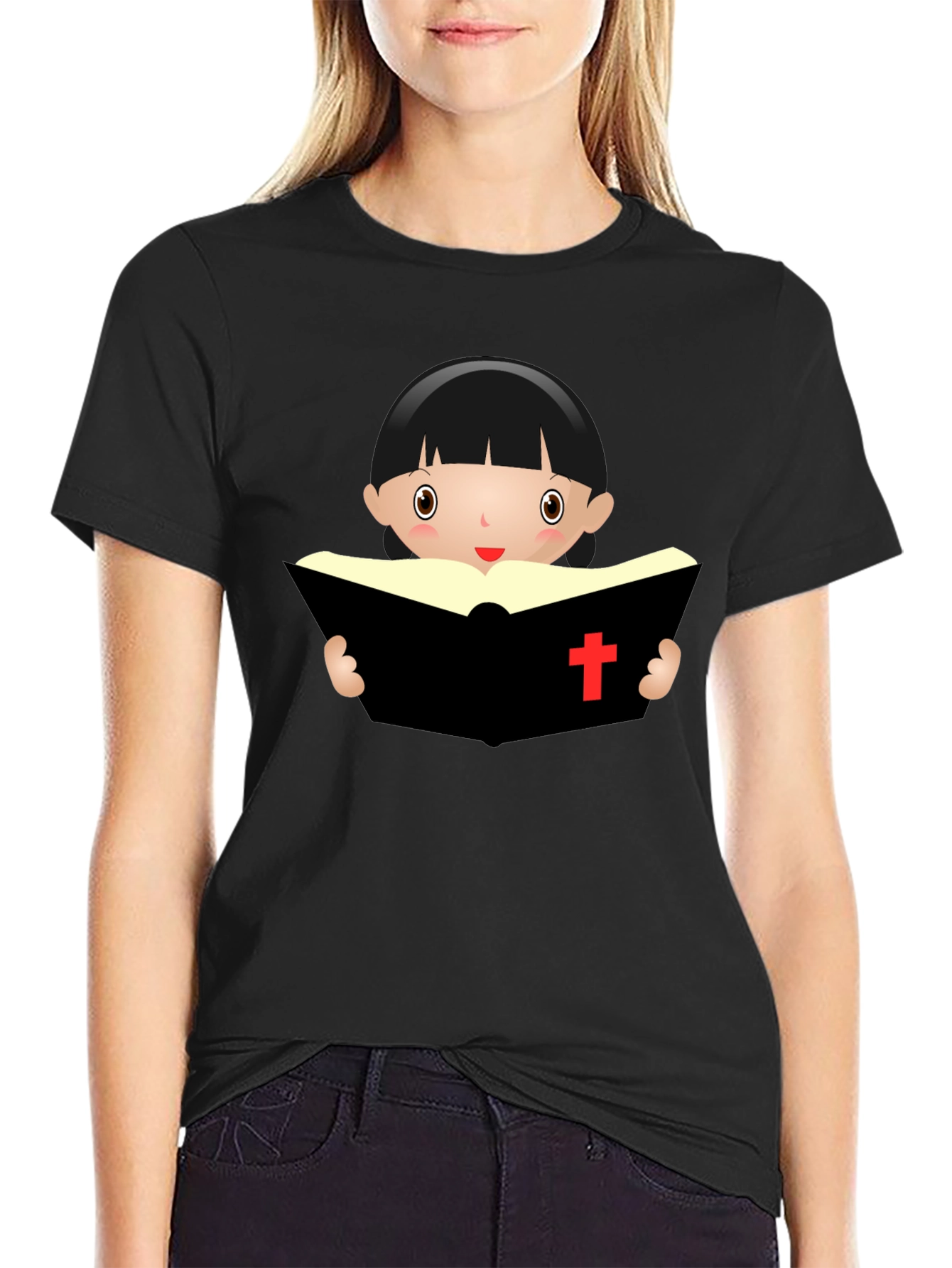 Cartoon Girl Reading Book - Black T-Shirt