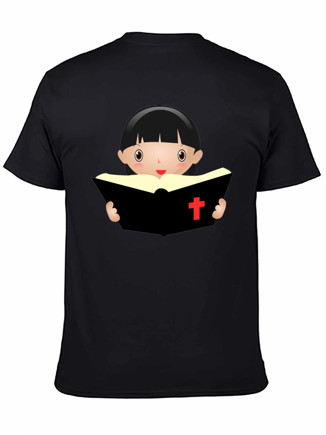 Cartoon Girl Reading Book - Black T-Shirt