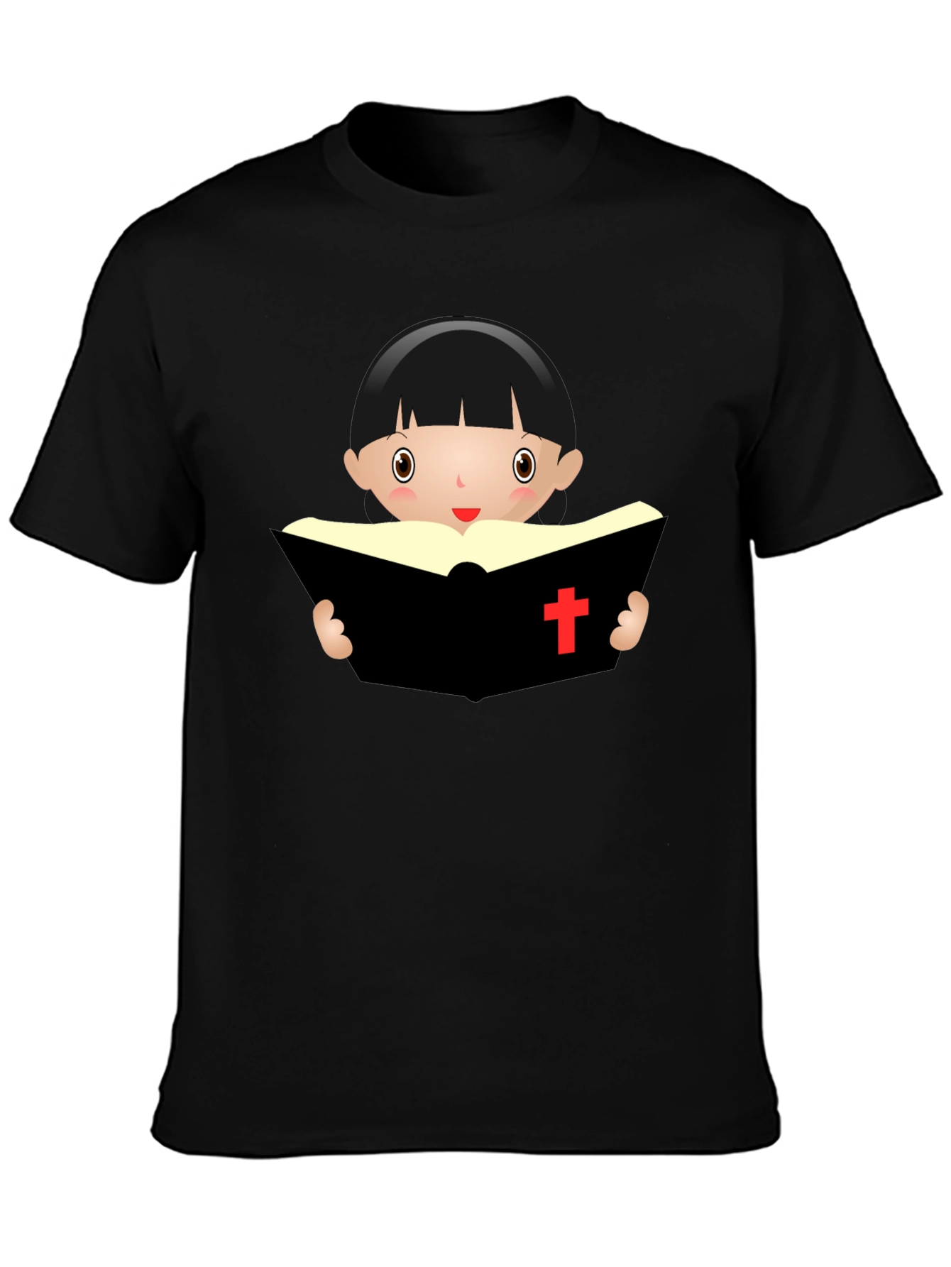 Cartoon Girl Reading Book - Black T-Shirt