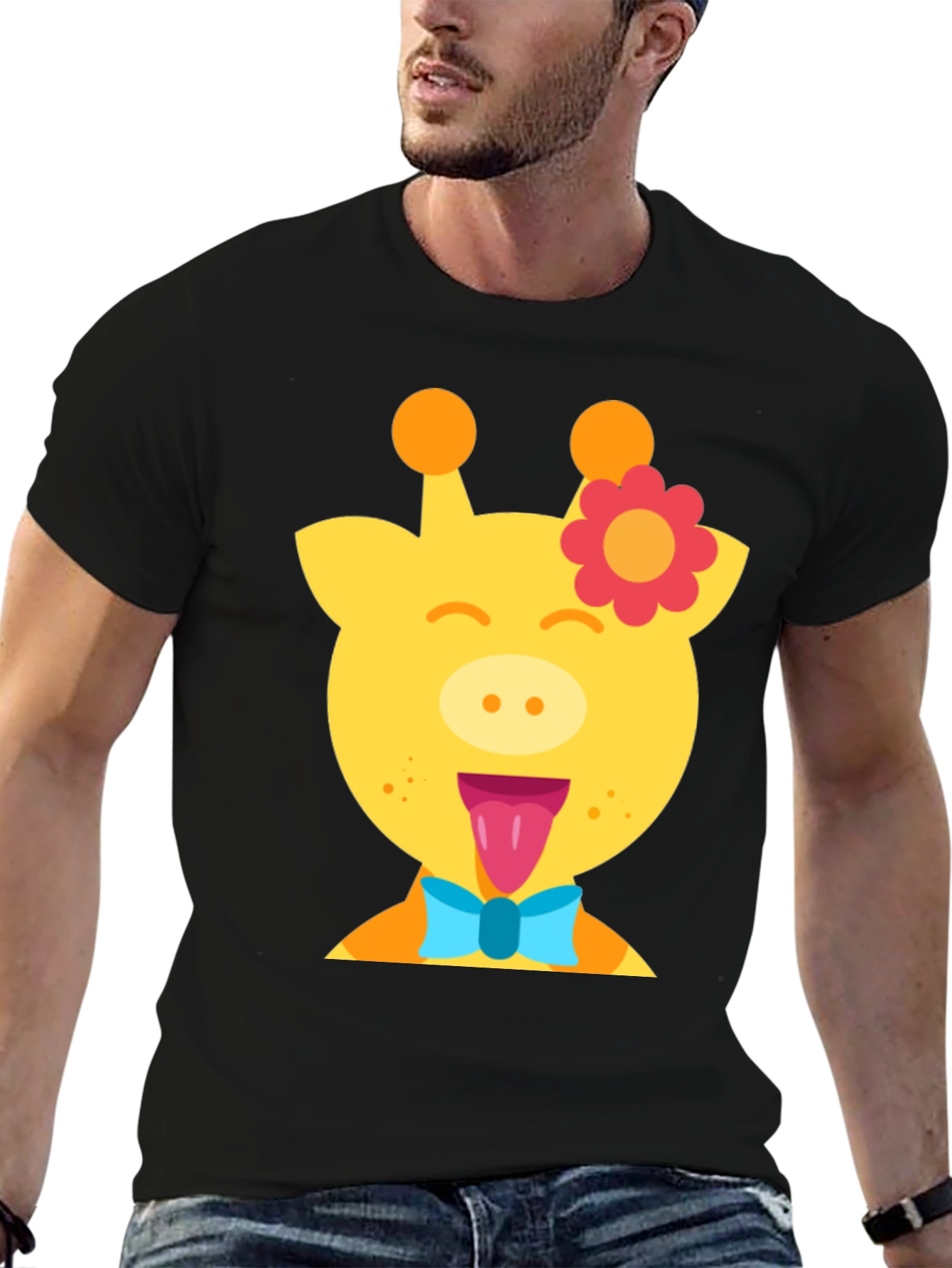 Giraffe Cartoon T-Shirt Fun Graphic Tee Mens Casual Top