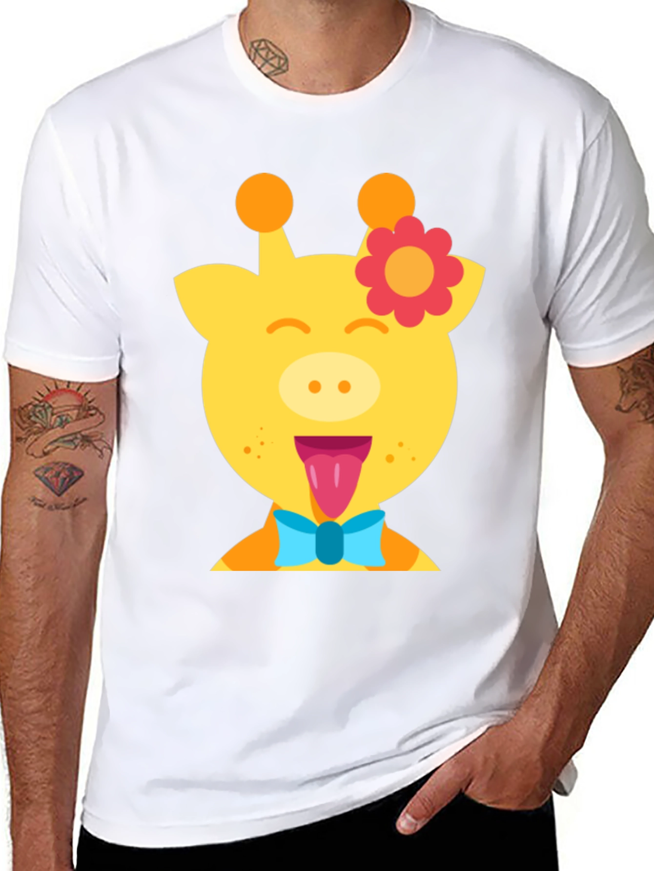 Giraffe Cartoon T-Shirt Fun Graphic Tee Mens Casual Top