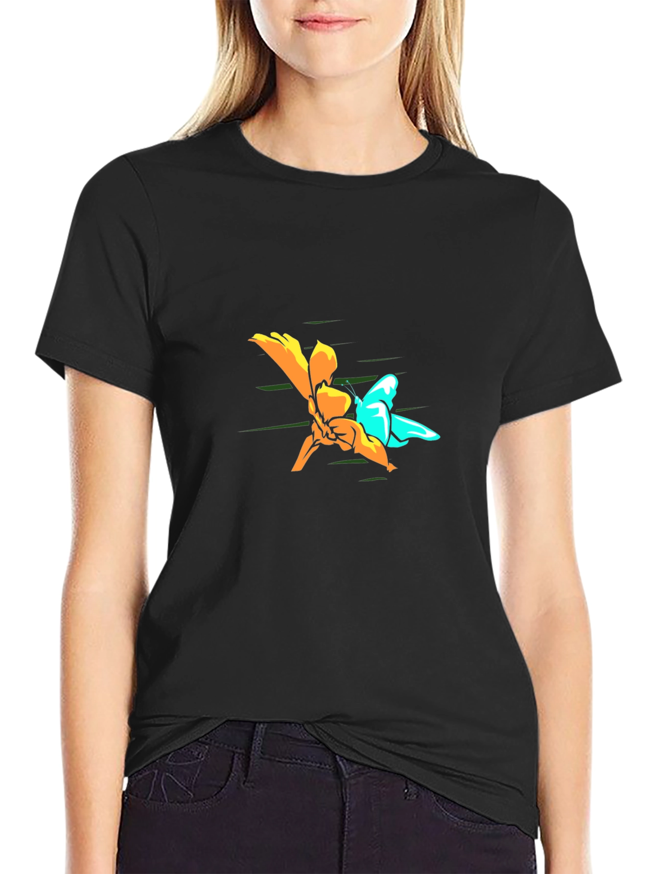 Butterfly and Flower Graphic Tee - Black