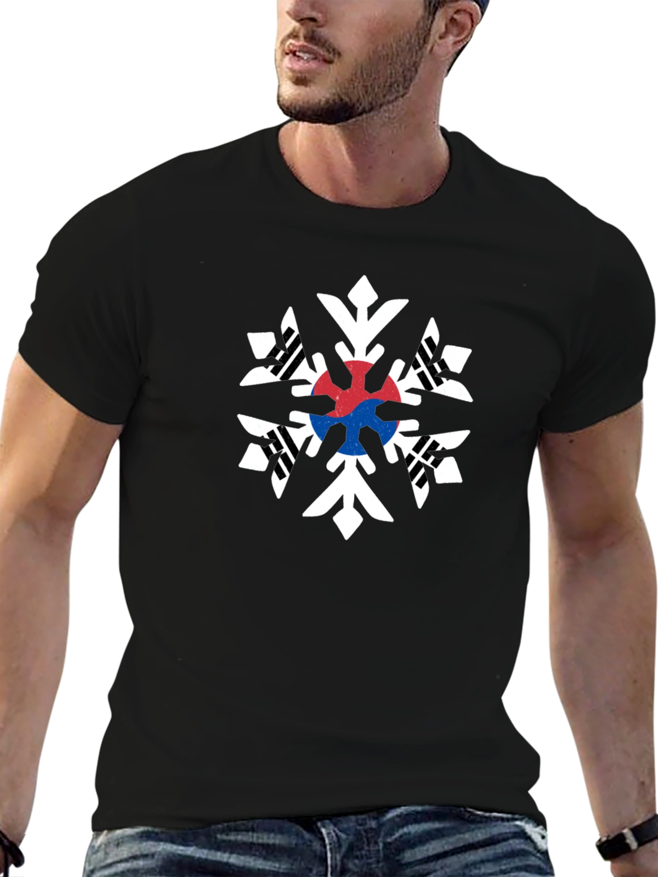 South Korea Flag Snowflake Black T-Shirt
