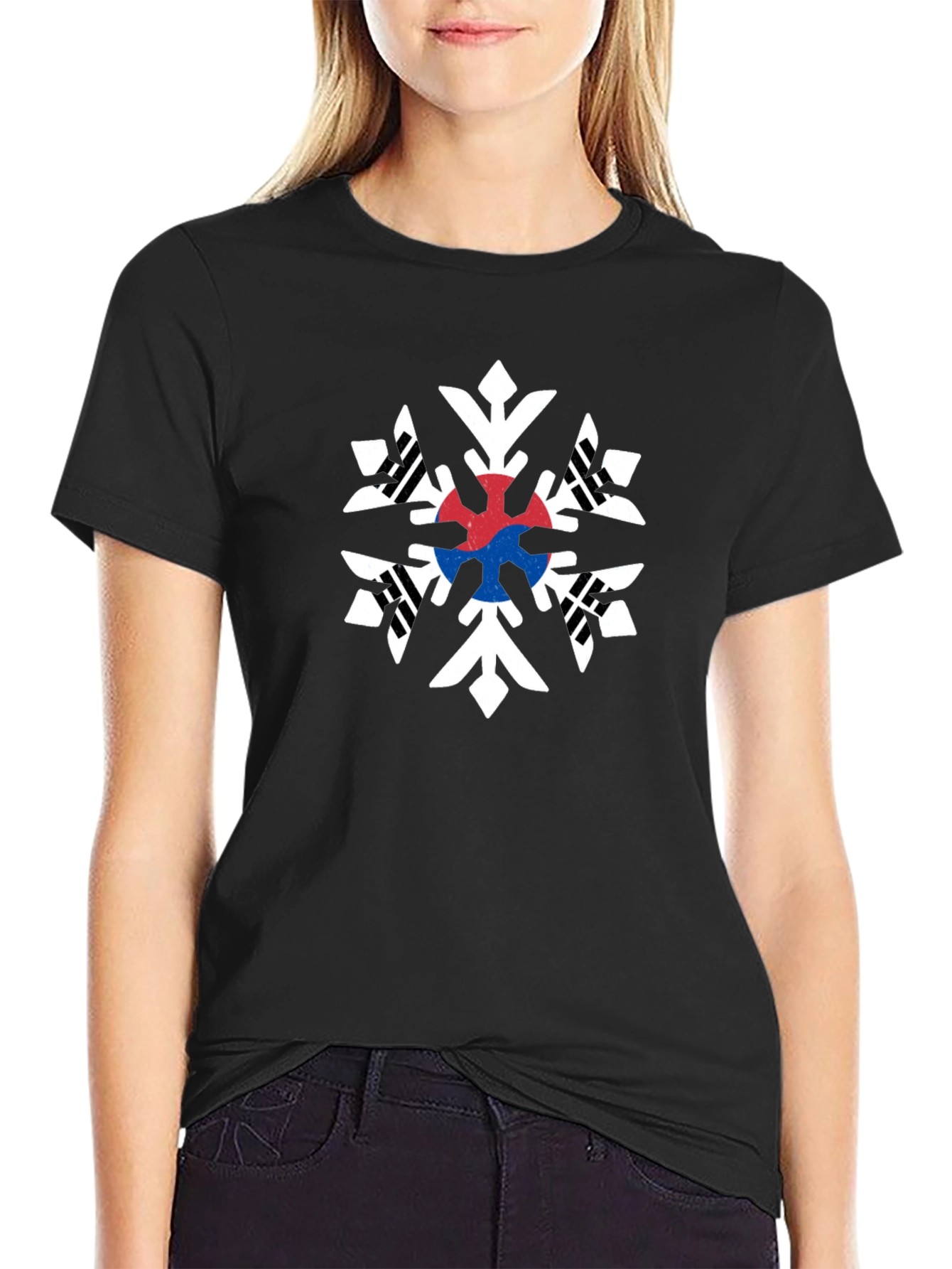 South Korea Flag Snowflake Black T-Shirt