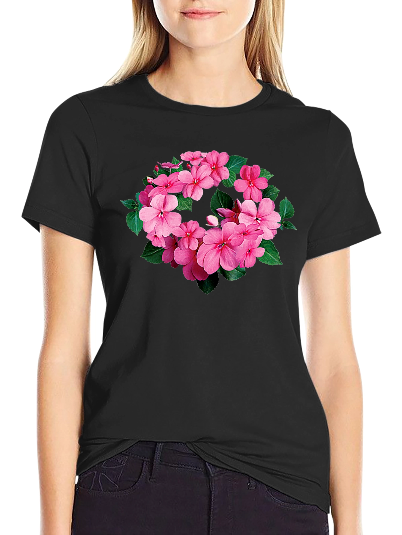 Floral Wreath Tee - Stylish Black T-Shirt
