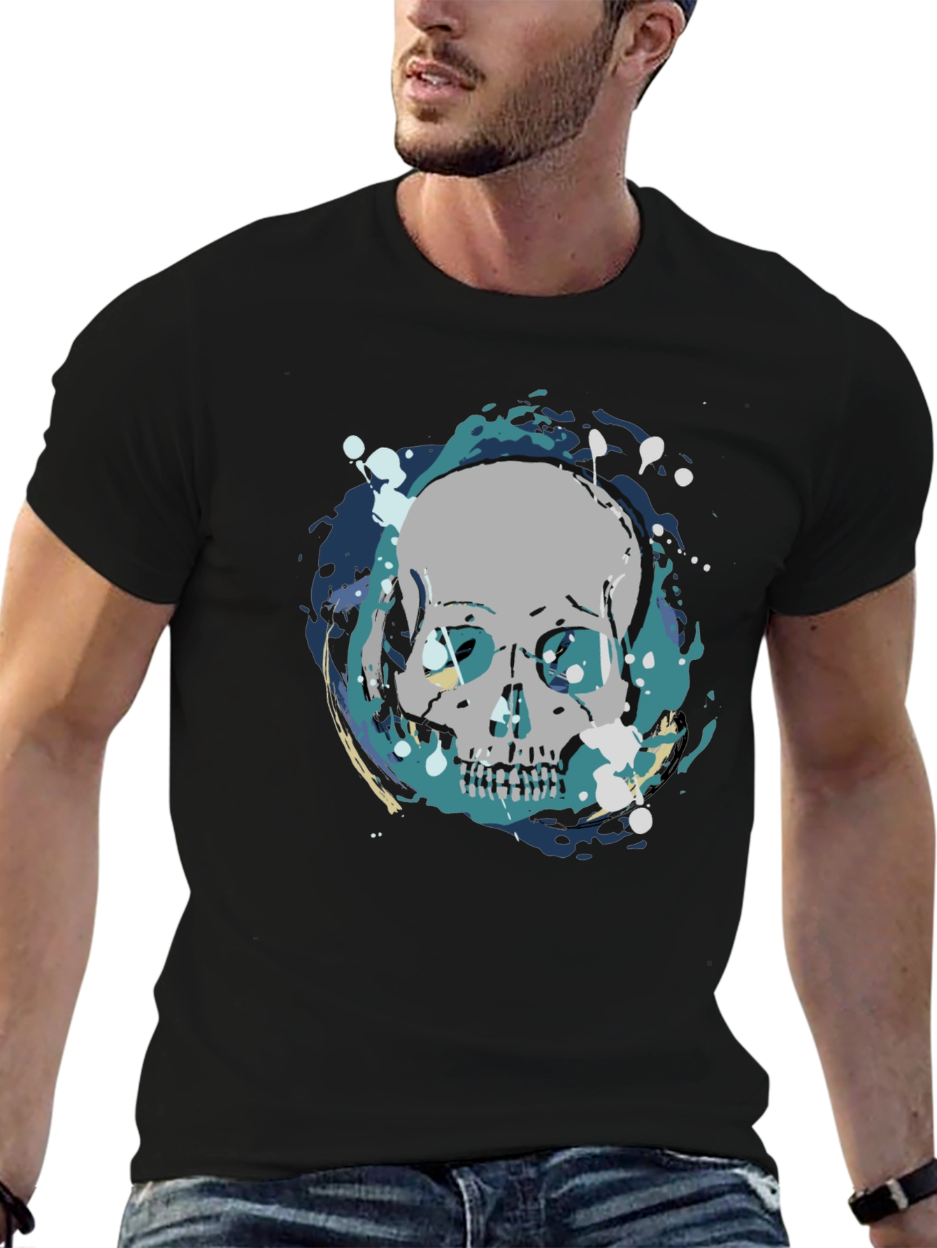 Skull Graphic Print Tee - Mens Black Cotton T-Shirt