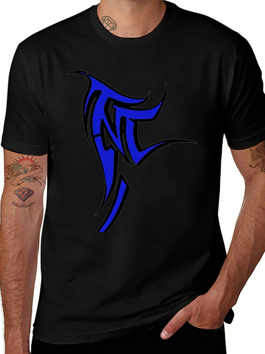 Black T-Shirt with Blue Tribal Design