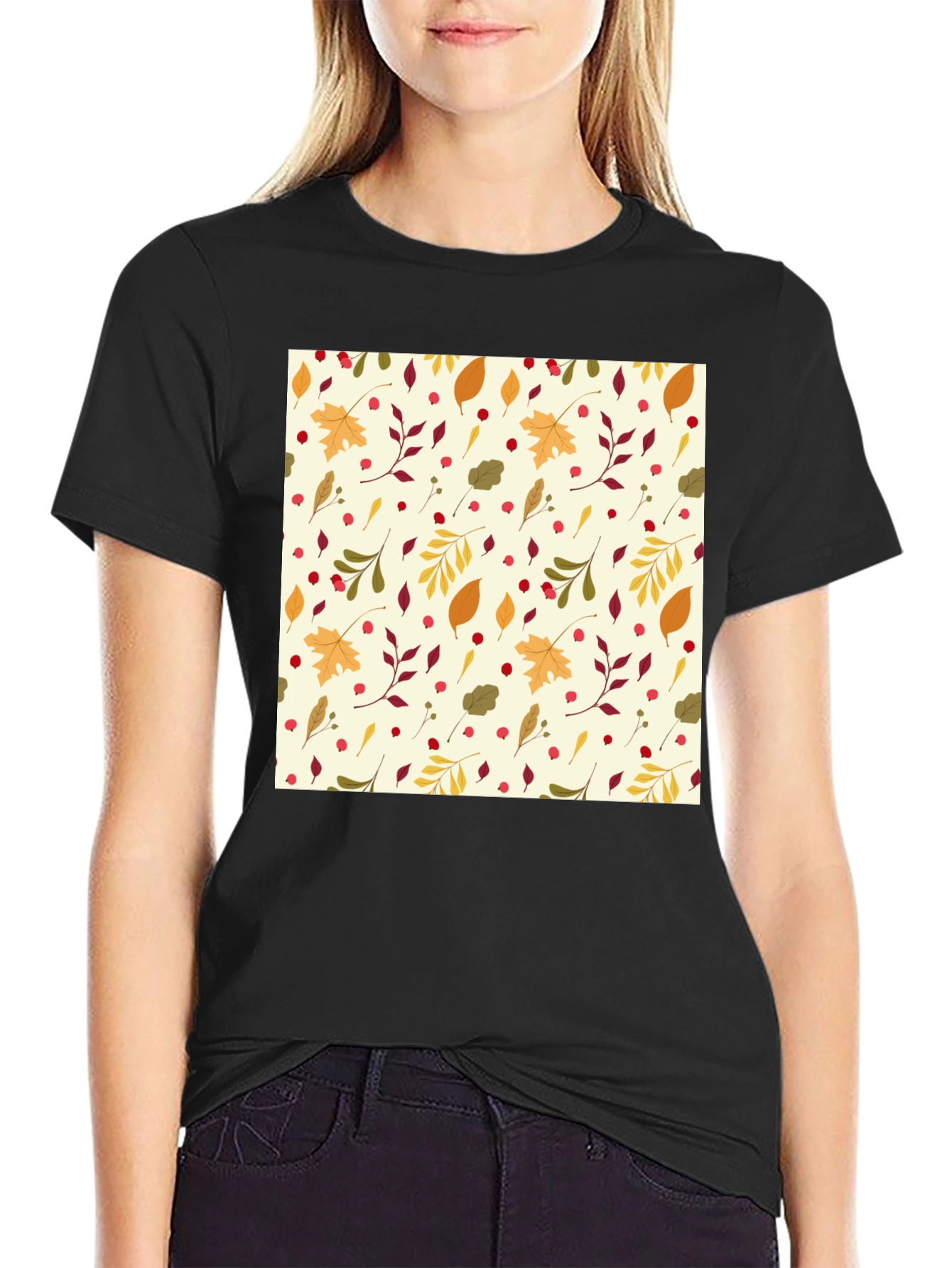 Autumn Leaves Pattern Black T-Shirt