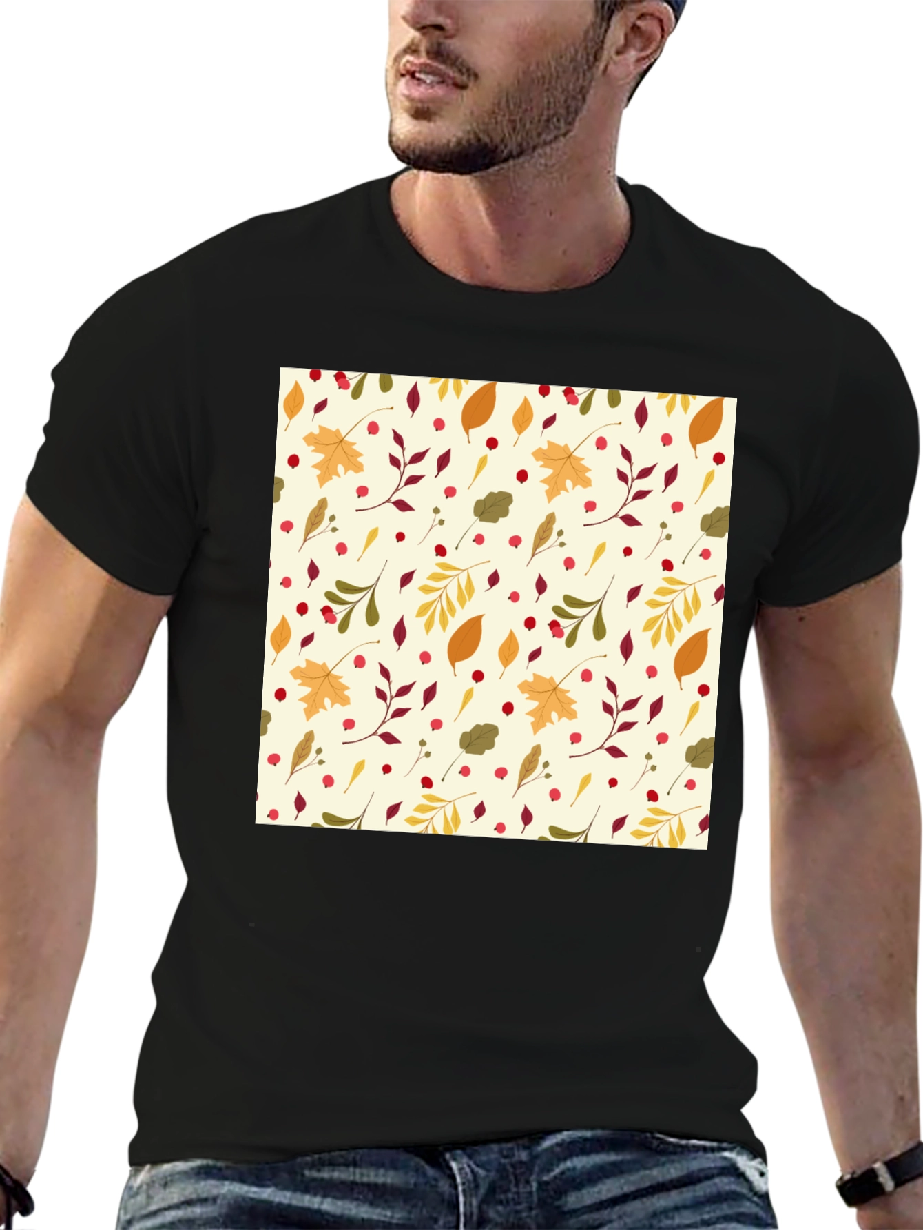 Autumn Leaves Pattern Black T-Shirt