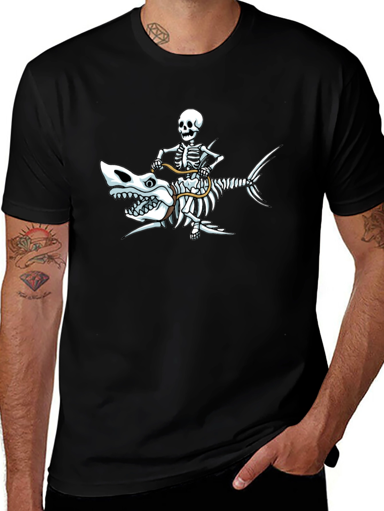 Skeleton Riding Shark Graphic T-Shirt - Black