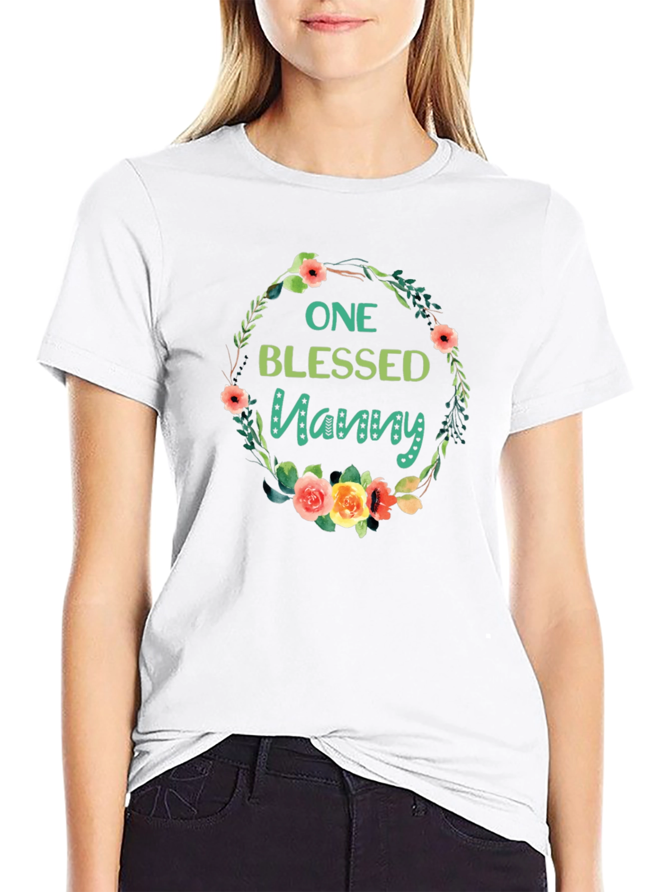 One Blessed Nanny T-Shirt Floral Wreath Design
