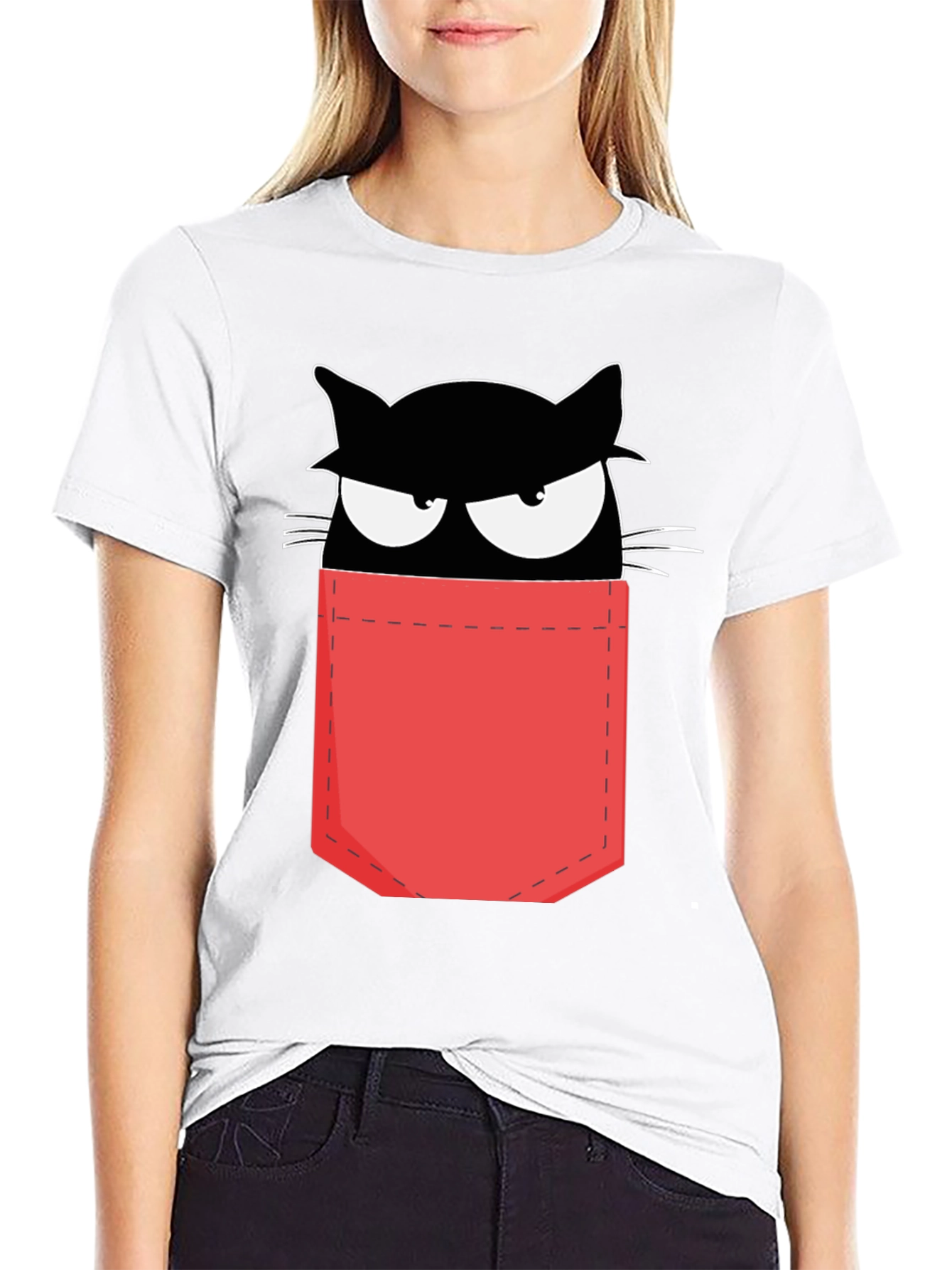 Cat in Pocket T-Shirt - Black