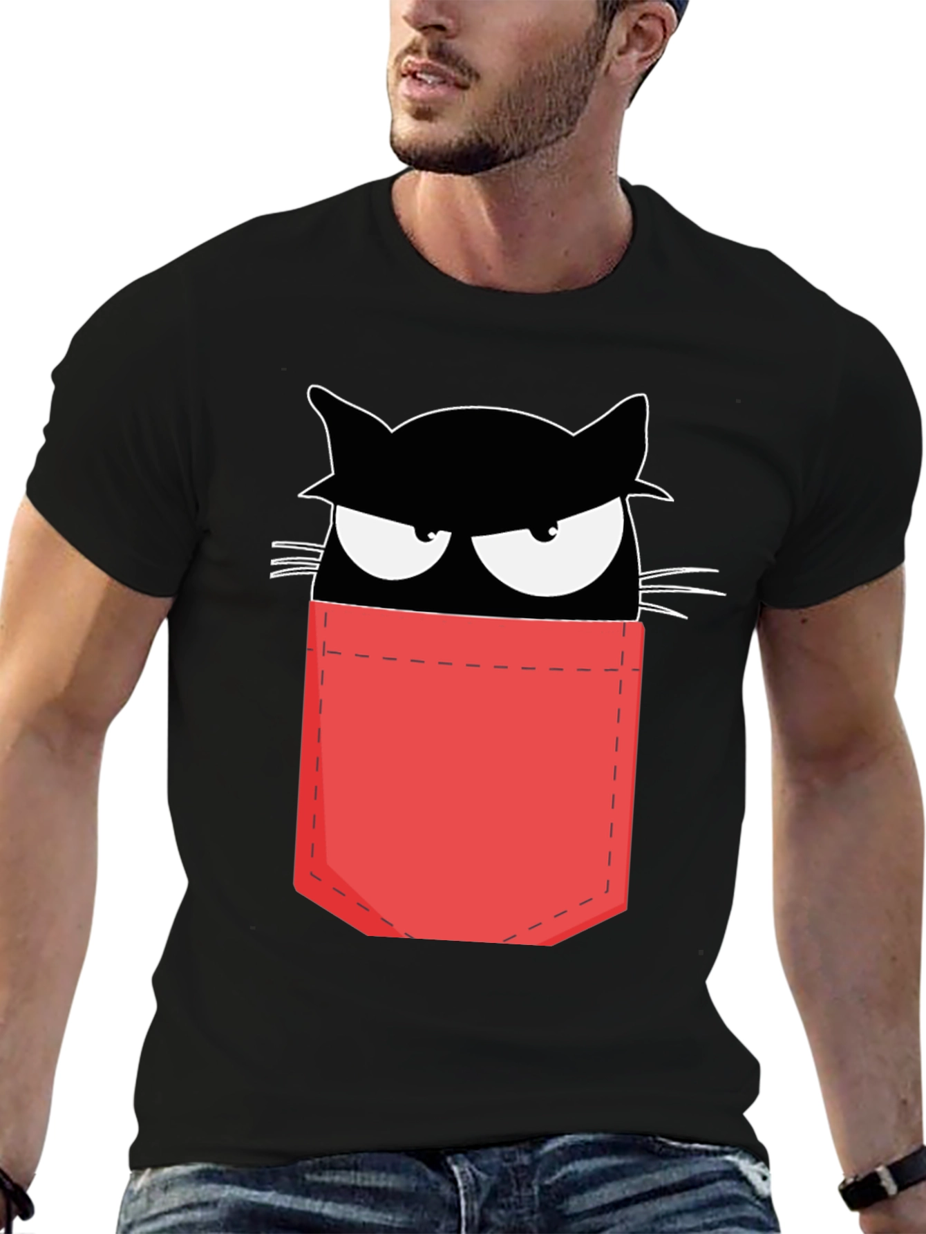 Cat in Pocket T-Shirt - Black