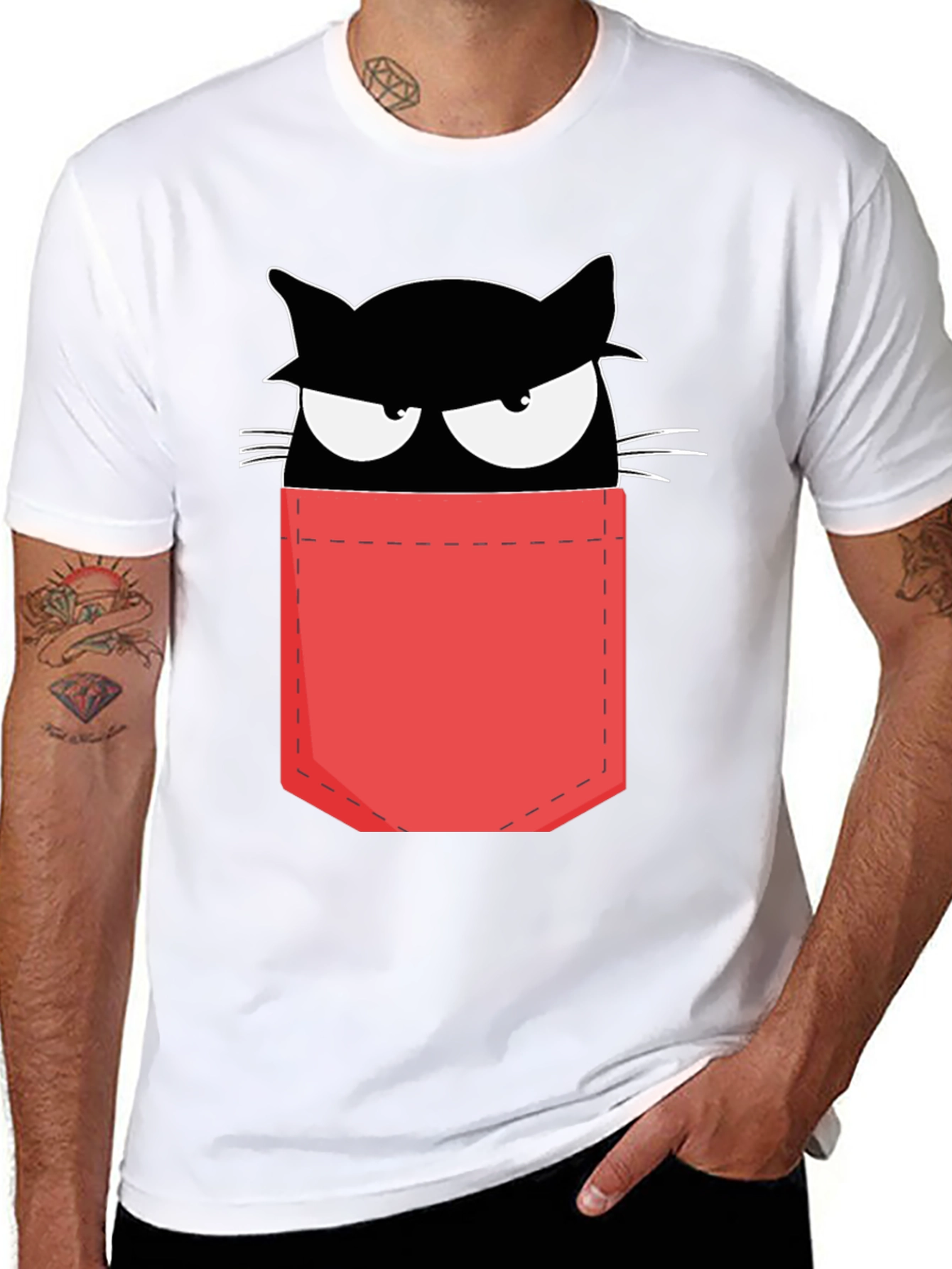 Cat in Pocket T-Shirt - Black