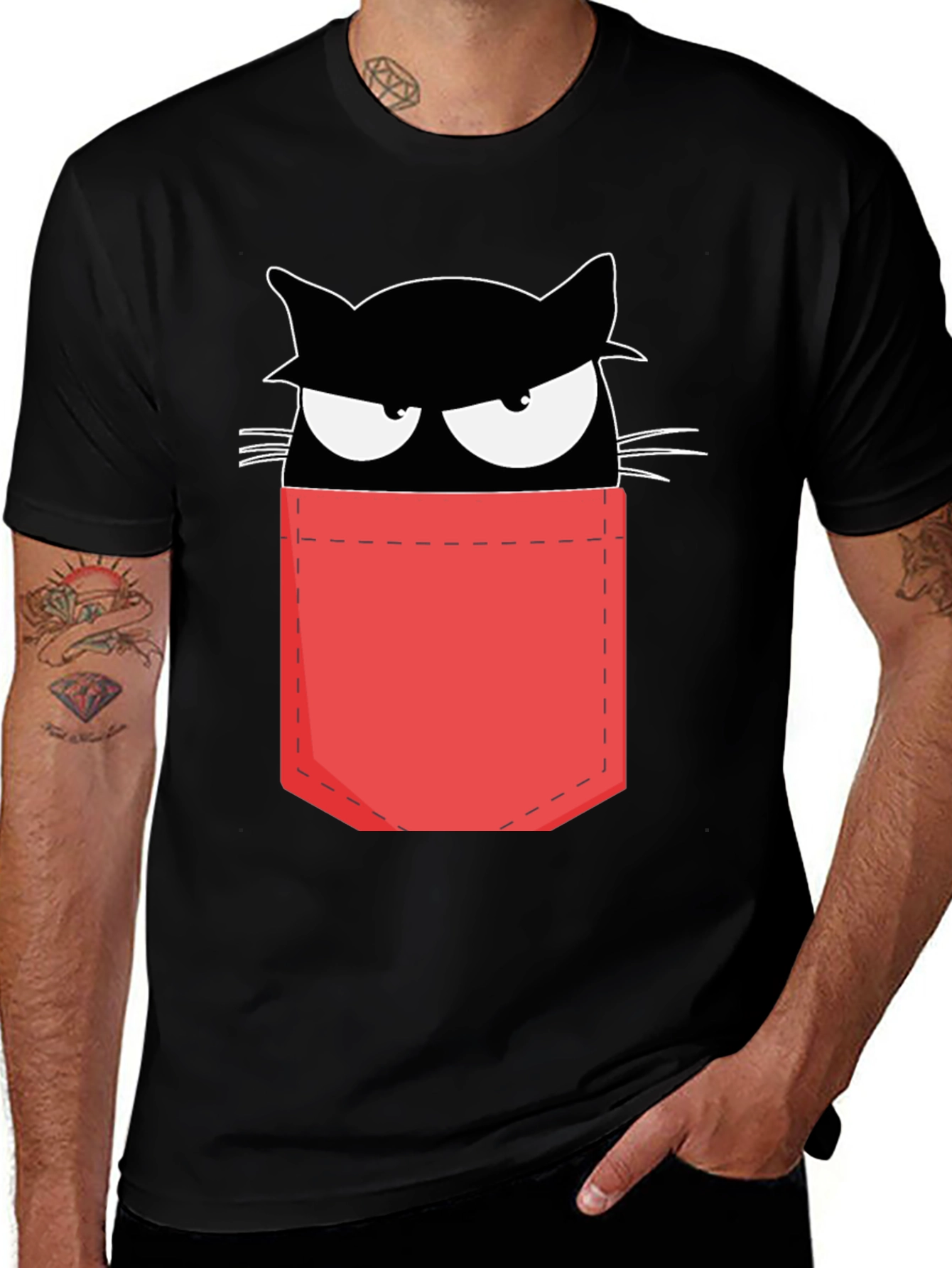 Cat in Pocket T-Shirt - Black