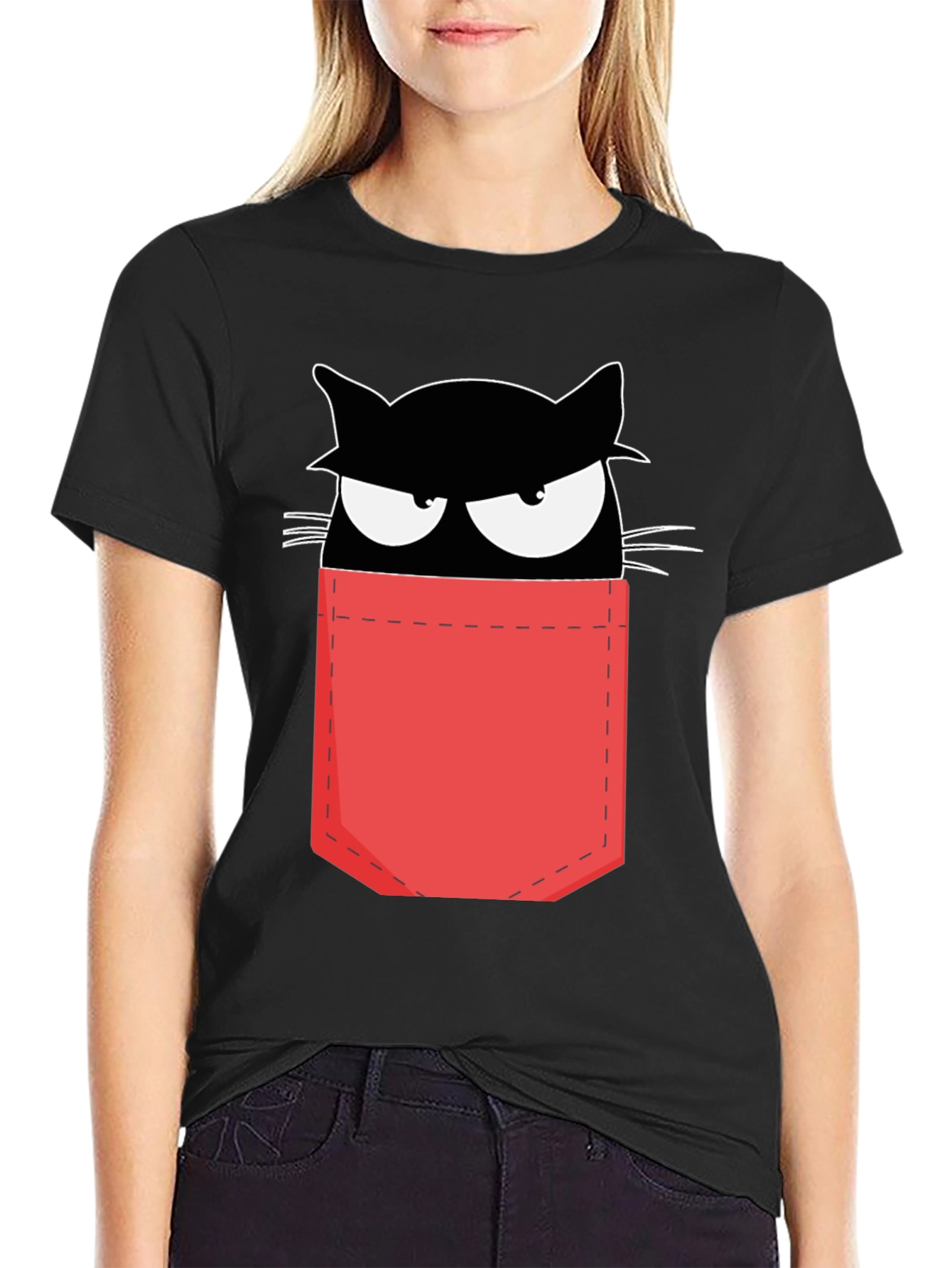 Cat in Pocket T-Shirt - Black