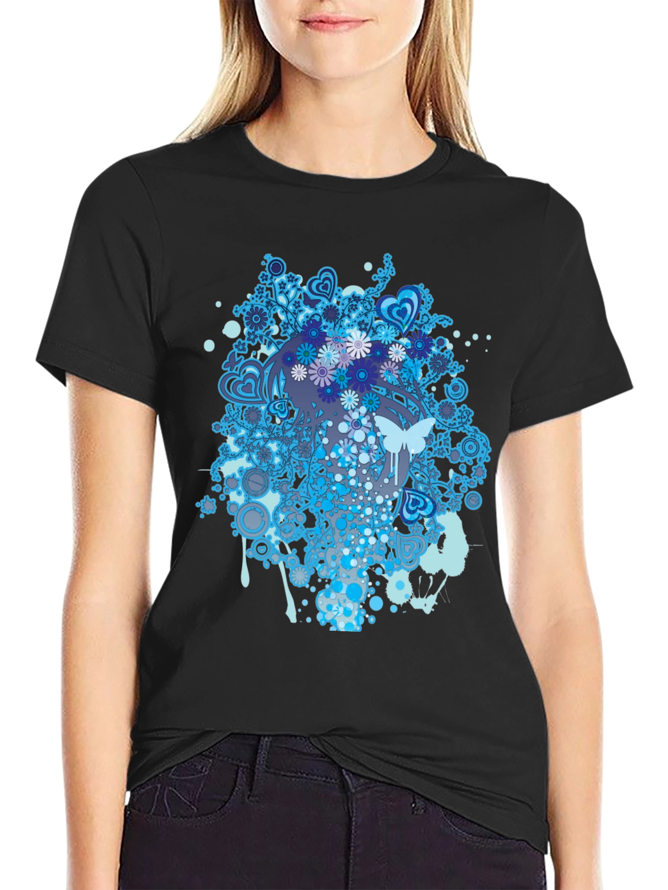 Abstract Floral Butterfly Graphic Tee - Black