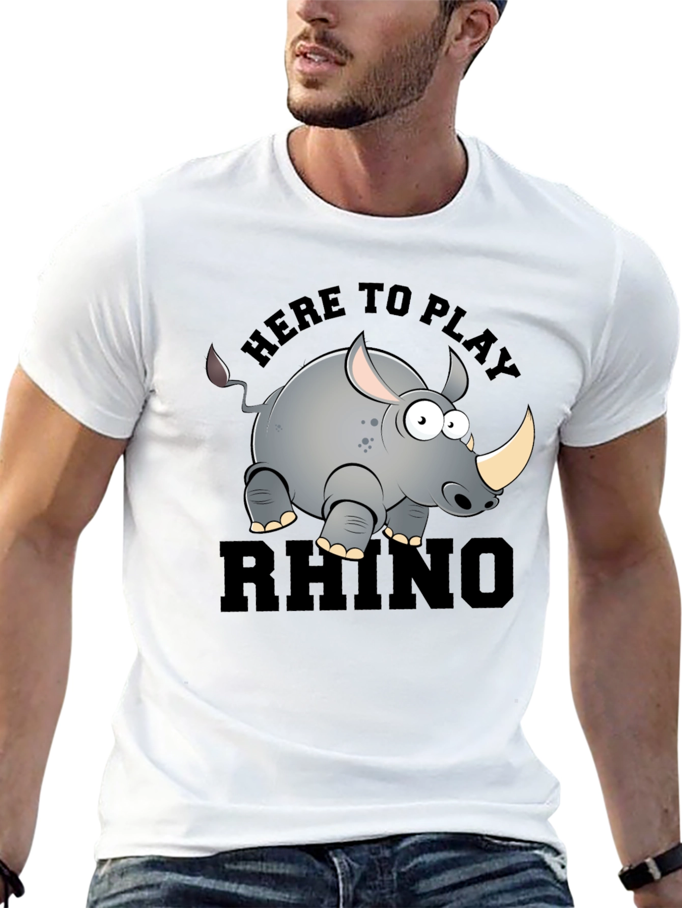 Cartoon Rhino Graphic T-Shirt - Here to Play Rhino