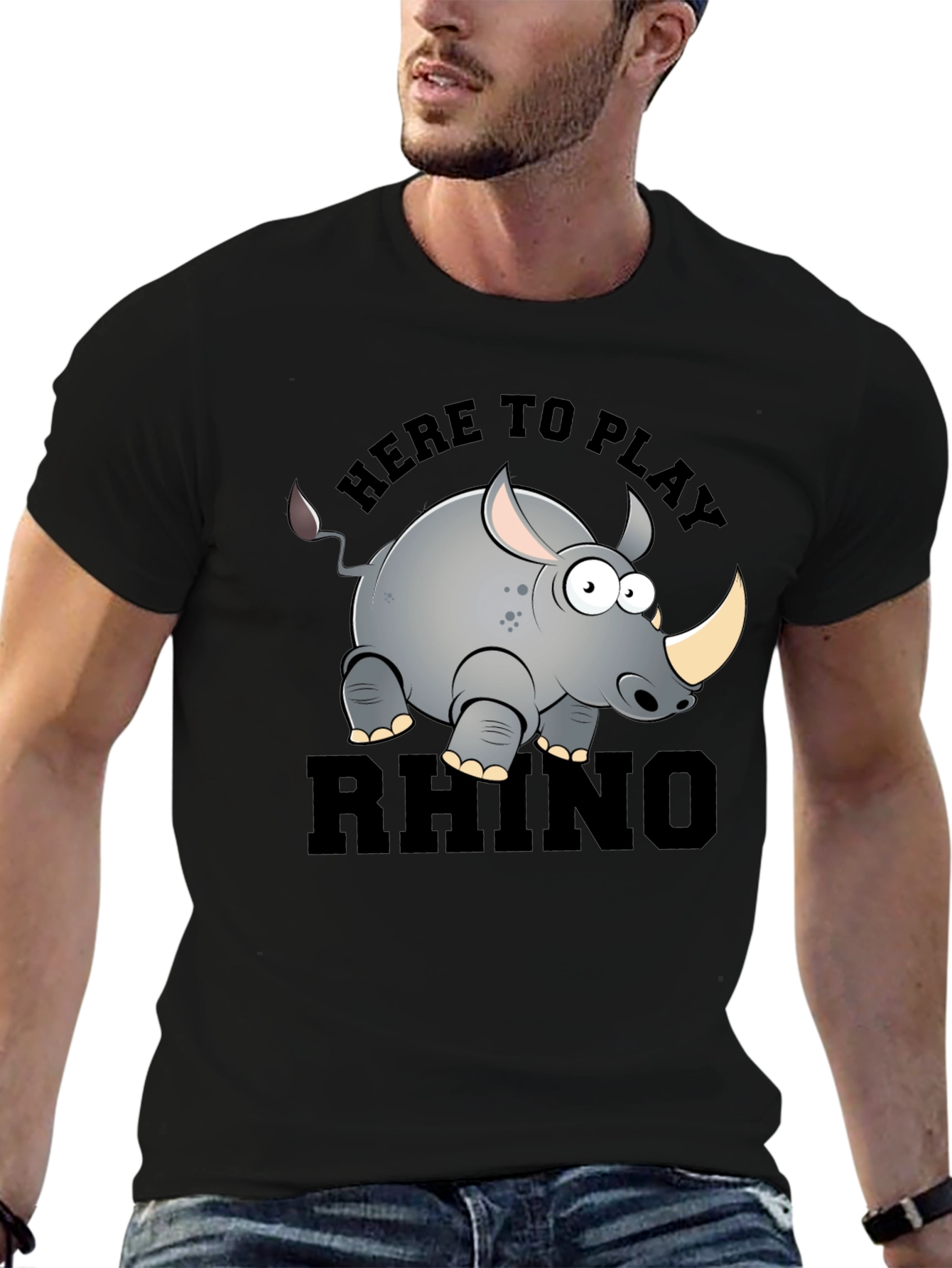 Cartoon Rhino Graphic T-Shirt - Here to Play Rhino