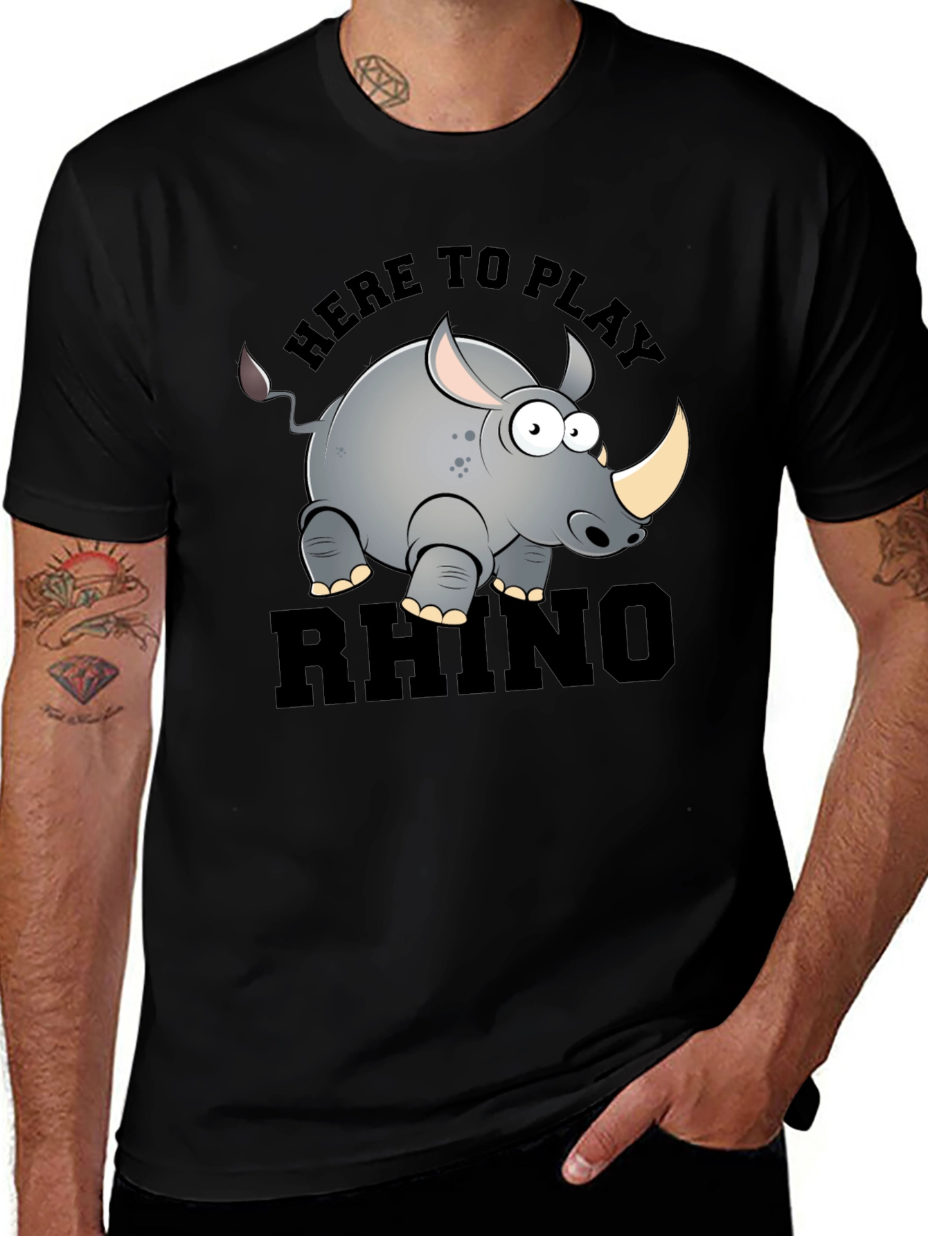Cartoon Rhino Graphic T-Shirt - Here to Play Rhino
