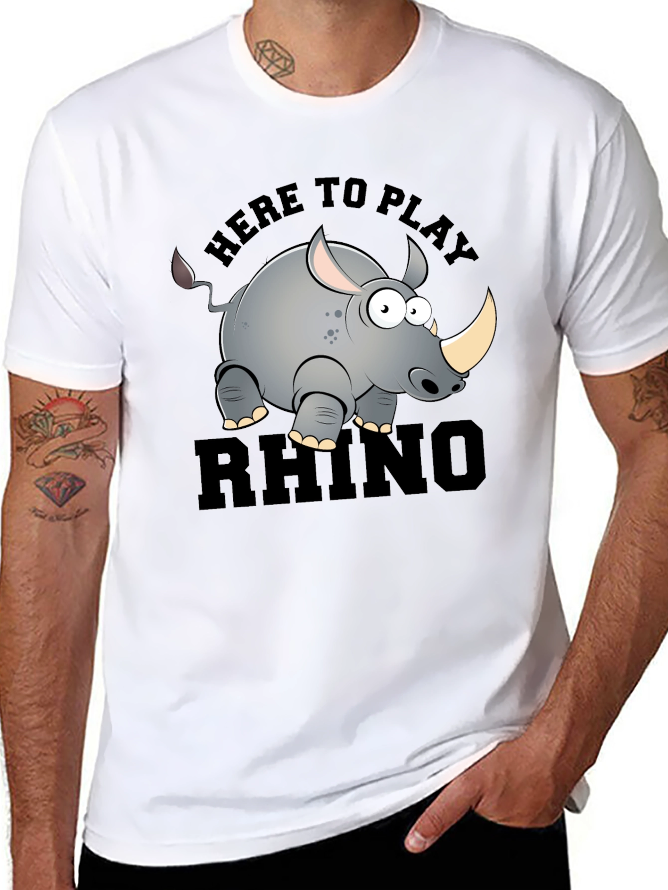 Cartoon Rhino Graphic T-Shirt - Here to Play Rhino