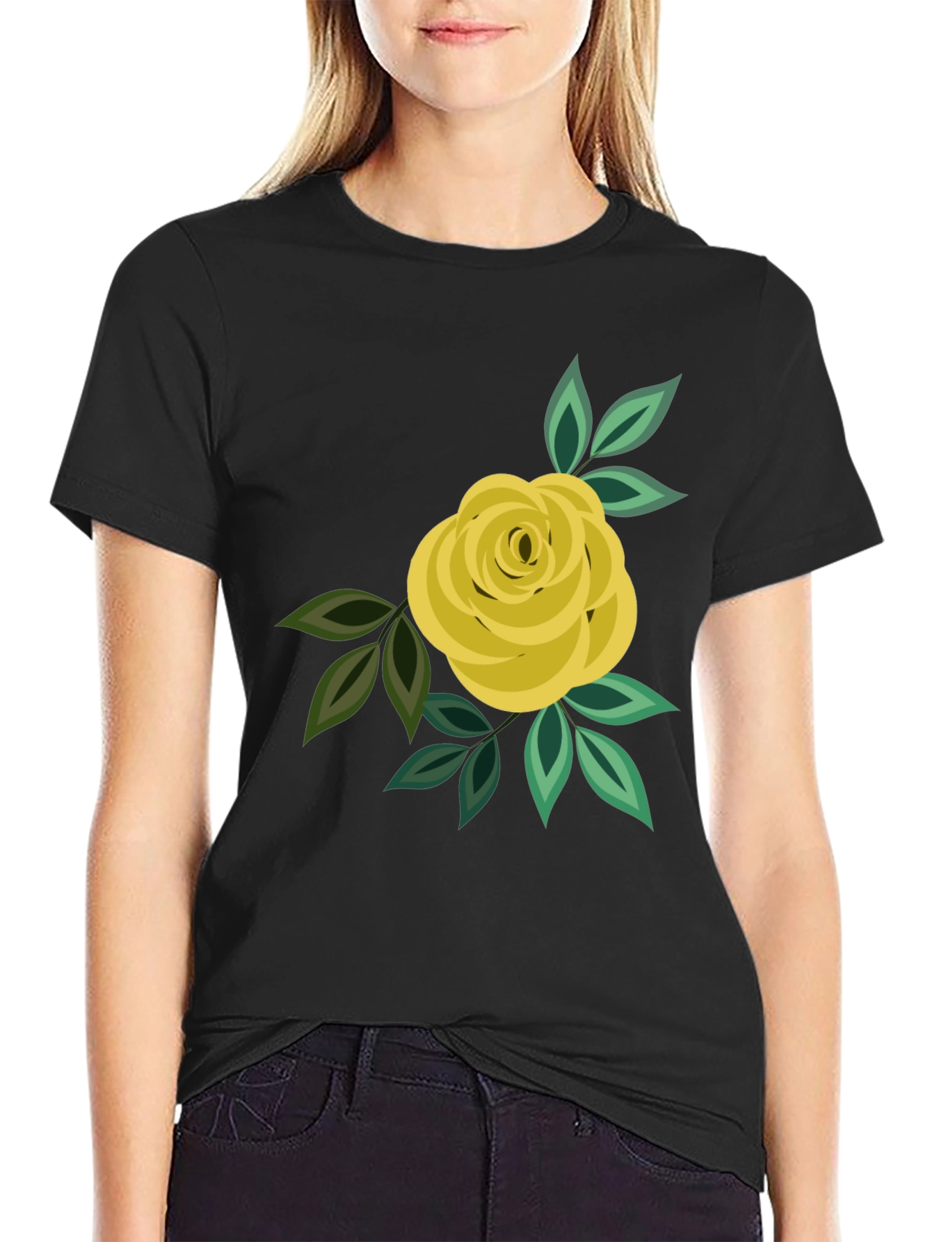 Floral Rose Graphic Tee - Black Cotton Casual