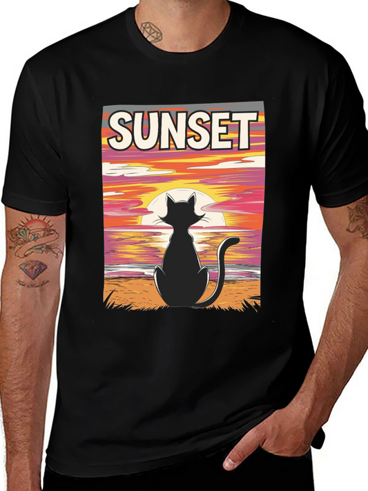 Sunset Cat Graphic Tee - Stylish Black T-Shirt
