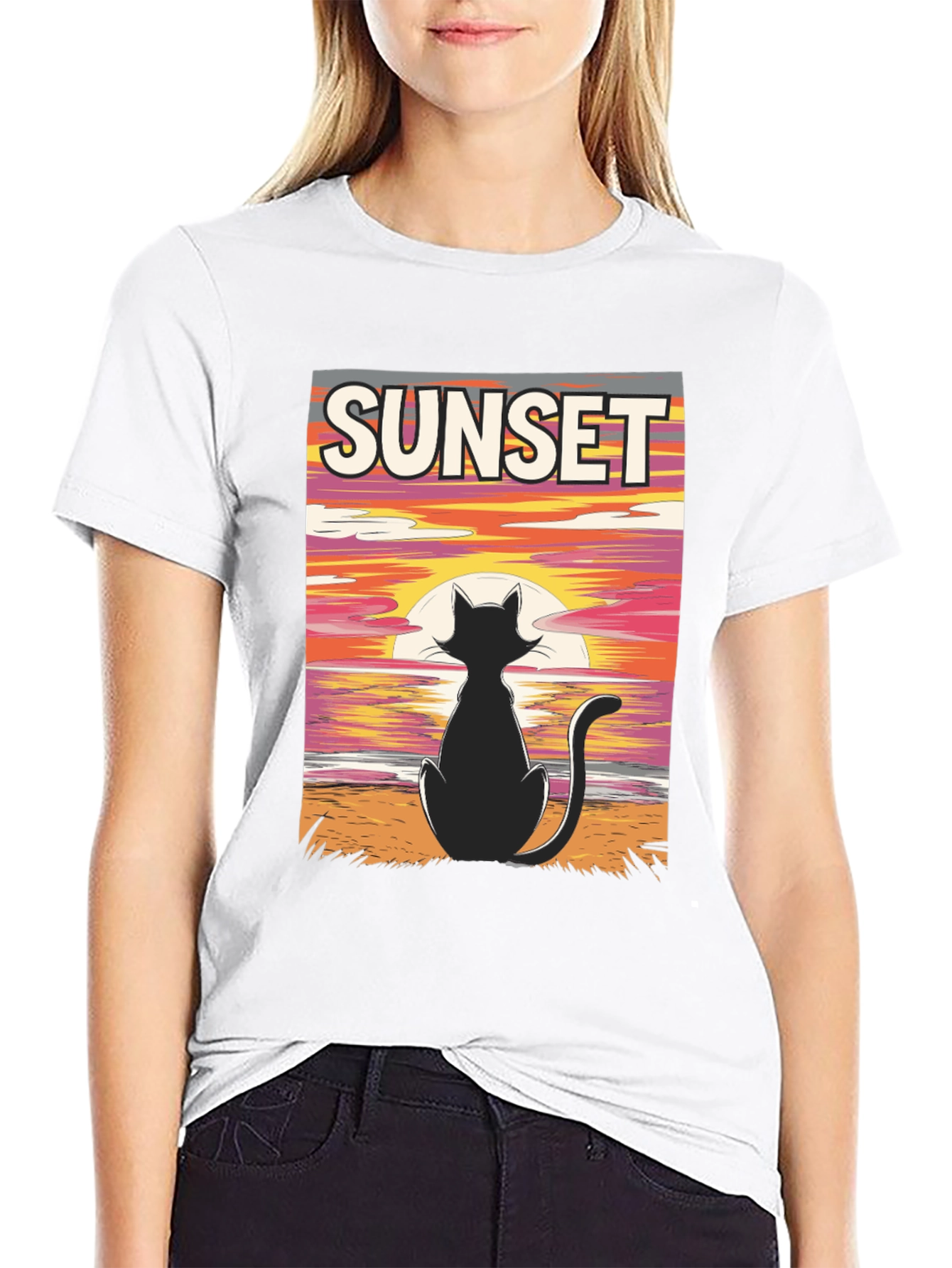 Sunset Cat Graphic Tee - Stylish Black T-Shirt