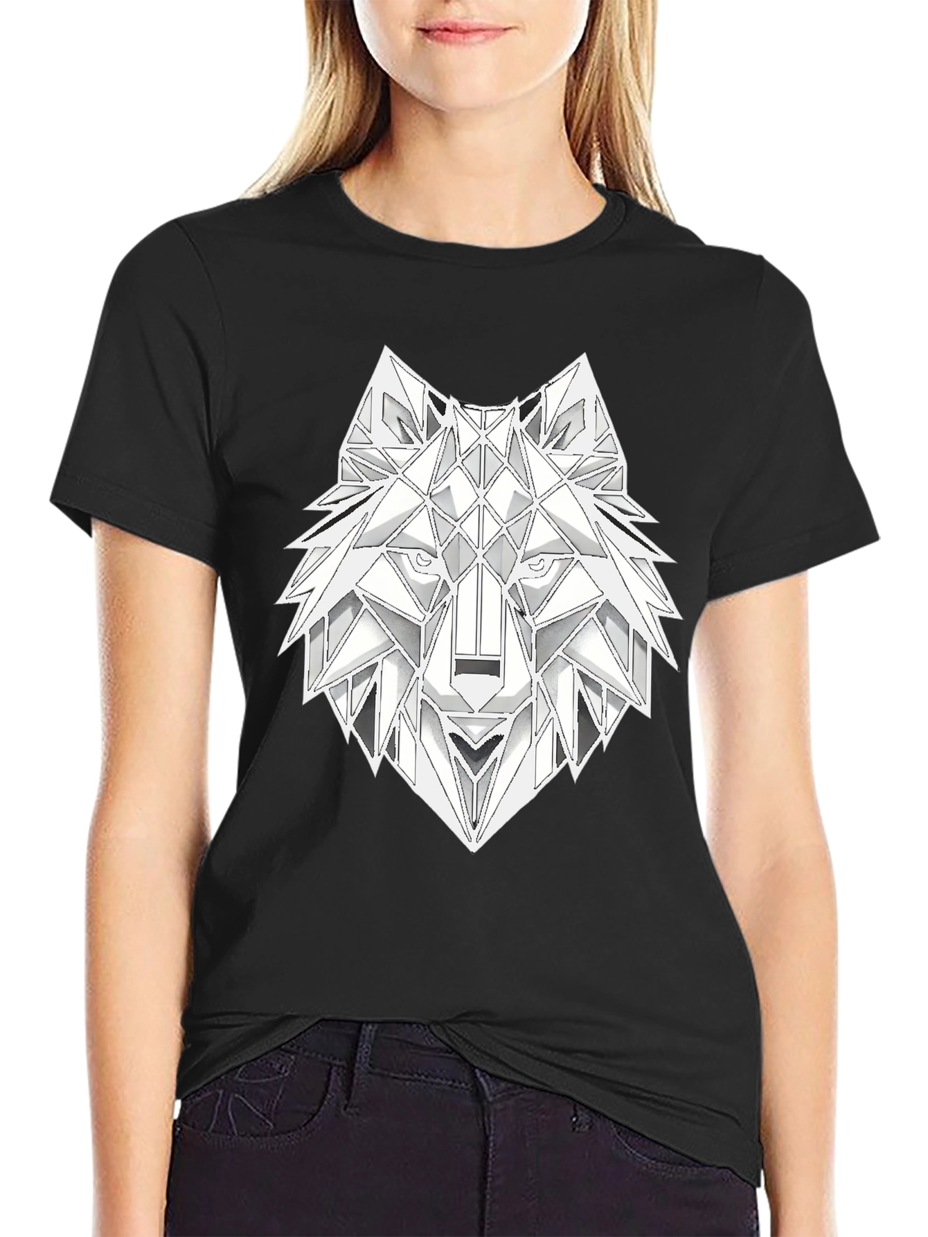 Geometric Wolf Head Graphic T-Shirt - Black