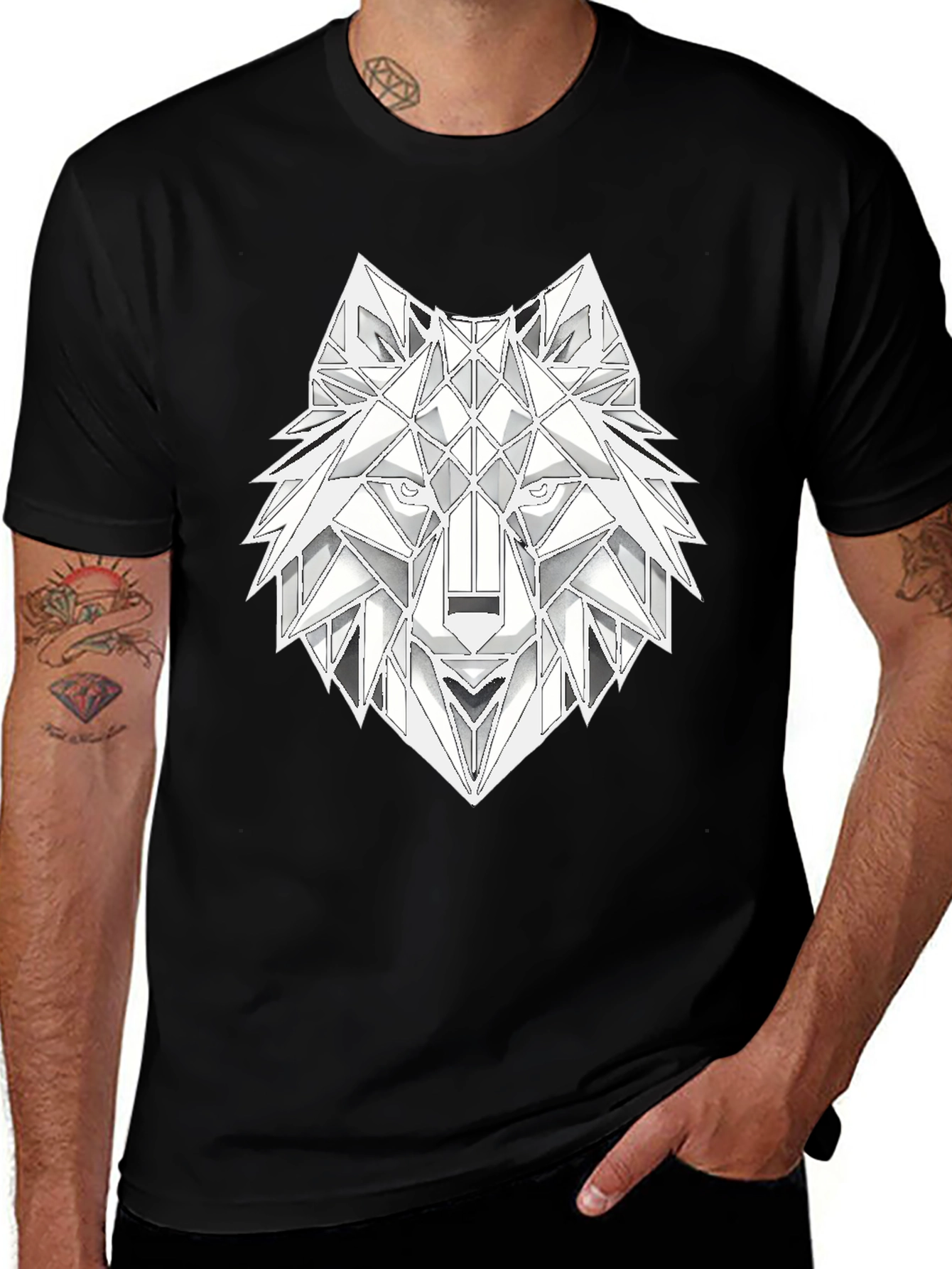 Geometric Wolf Head Graphic T-Shirt - Black