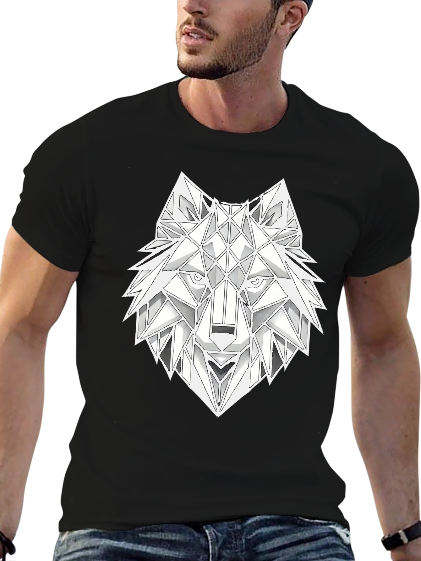 Geometric Wolf Head Graphic T-Shirt - Black